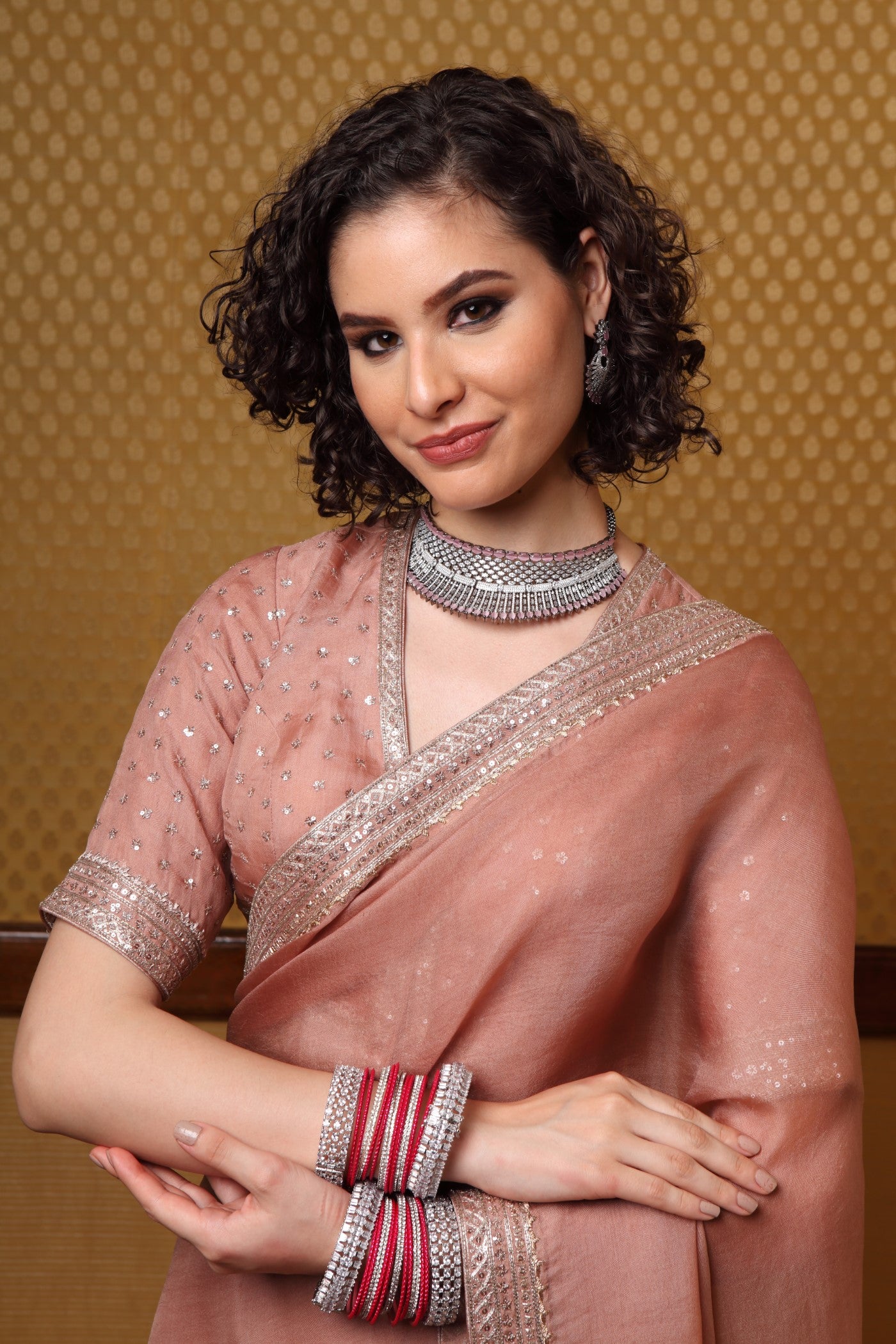 Handembroidered Rosebrown Pure Silkorganza Sareeblouse Set With Paisely Buti