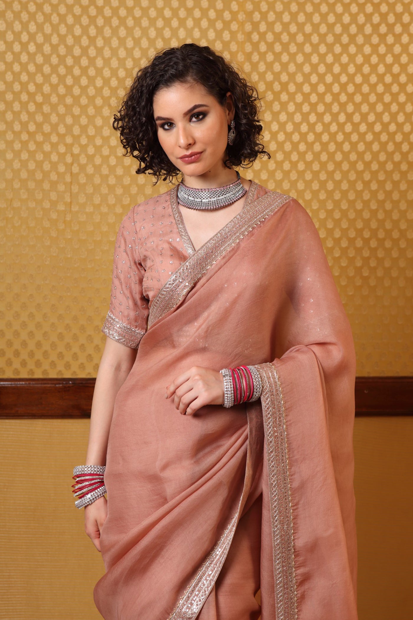 Handembroidered Rosebrown Pure Silkorganza Sareeblouse Set With Paisely Buti