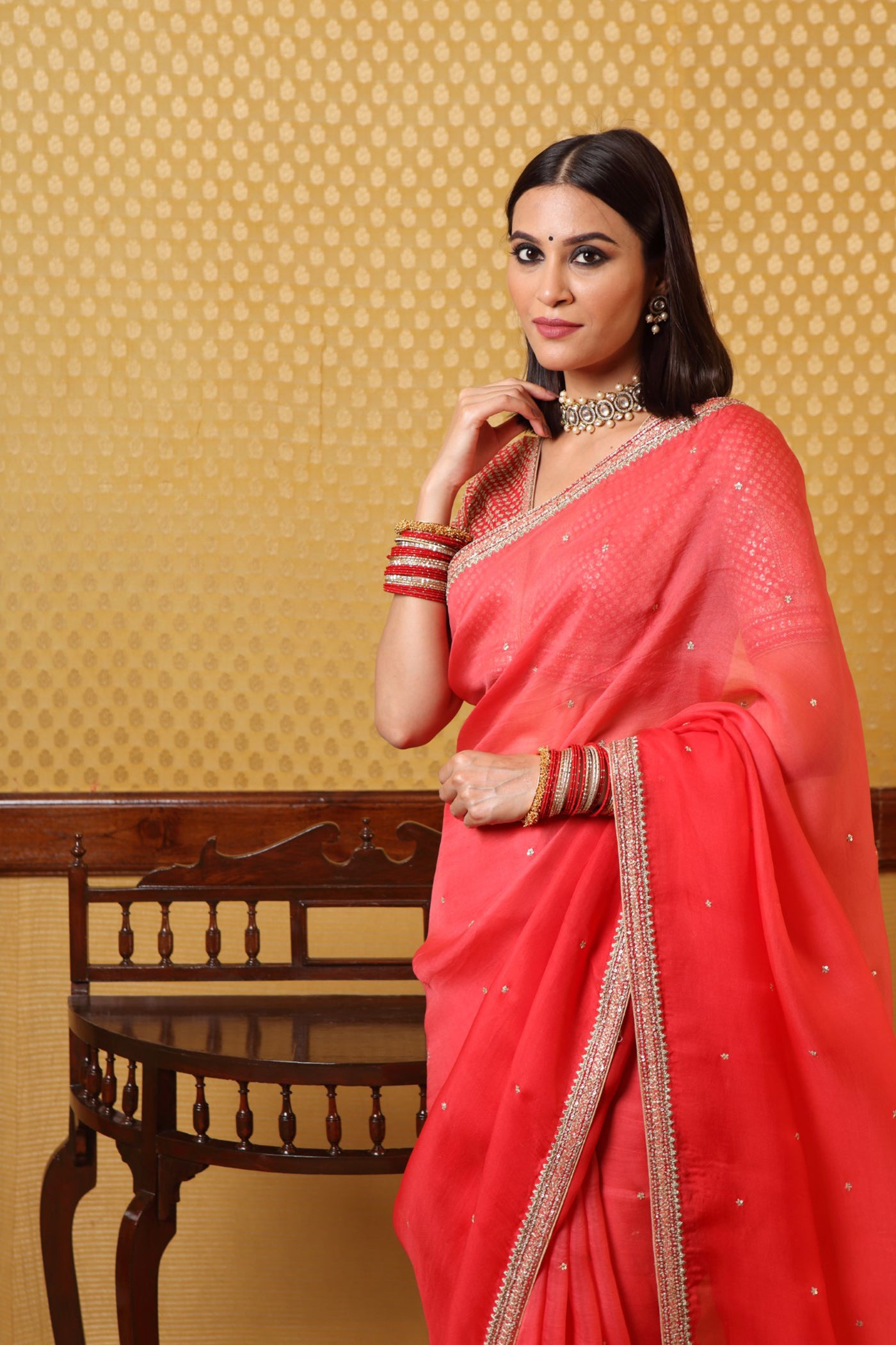 Handembroidered Ombre Cherry Tomato Pure Silkorganza Sareeblouse Set