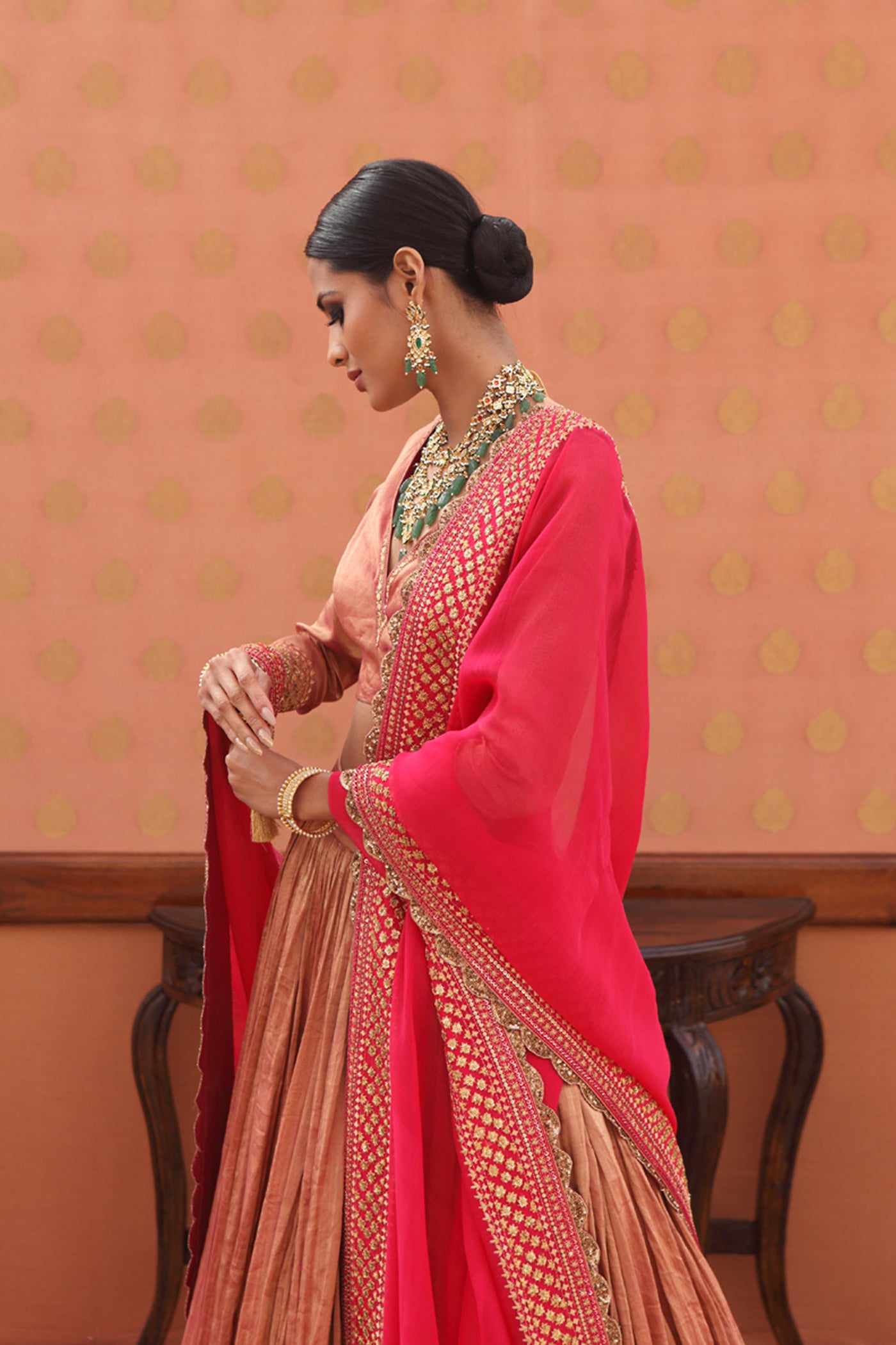 Hand-Embroidered Pure Metallic-Silk Pink Lehenga-Set
