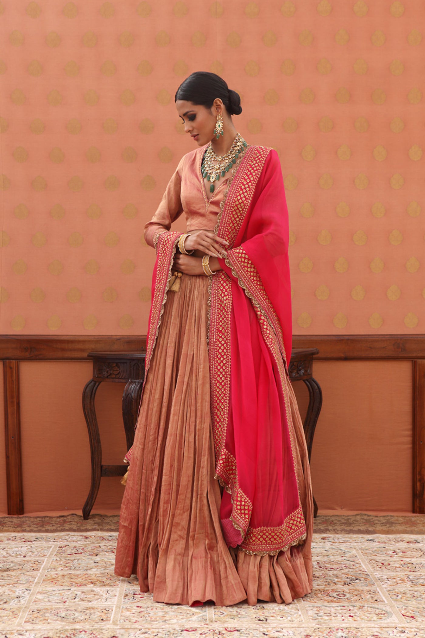 Hand-Embroidered Pure Metallic-Silk Pink Lehenga-Set