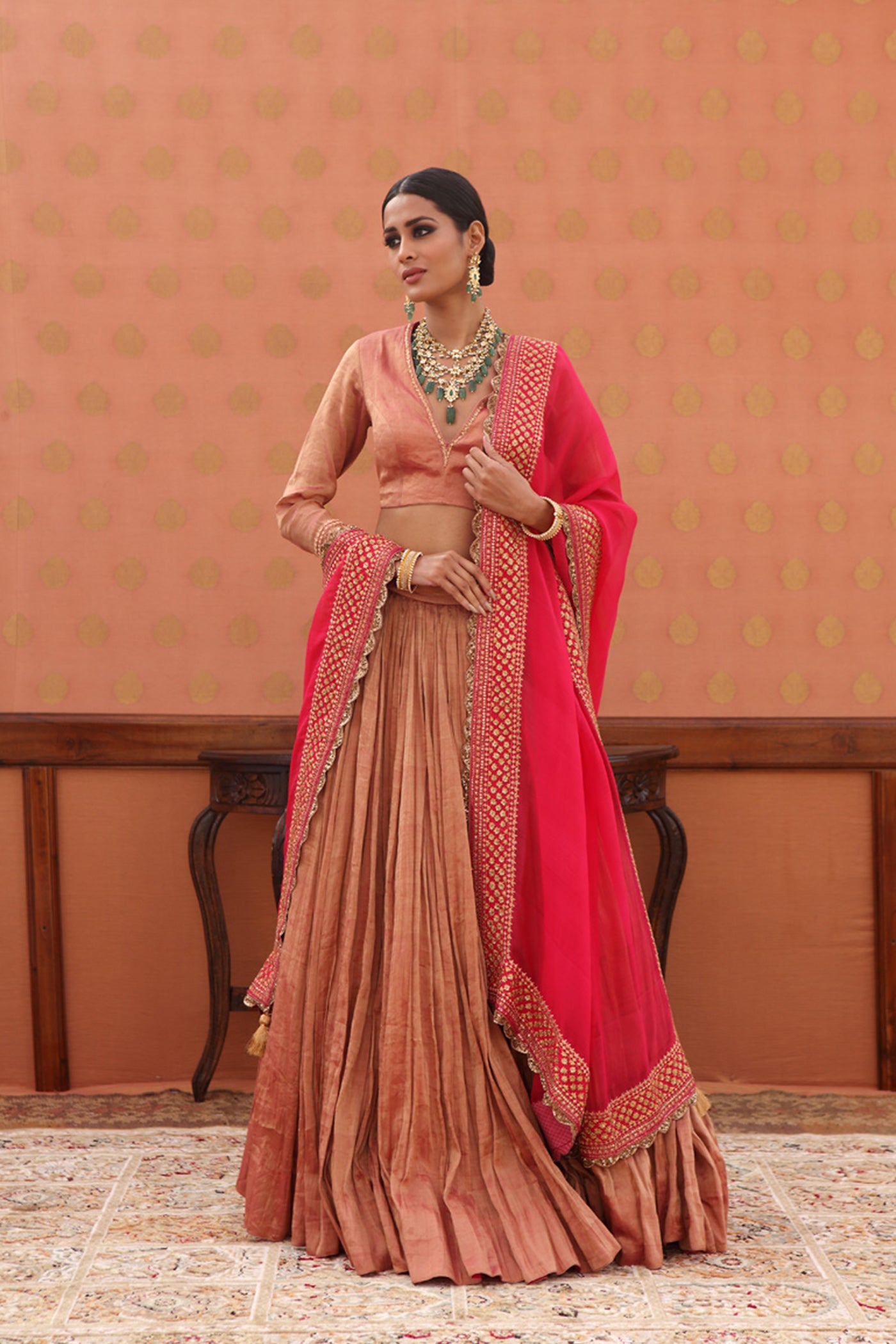 Hand-Embroidered Pure Metallic-Silk Pink Lehenga-Set