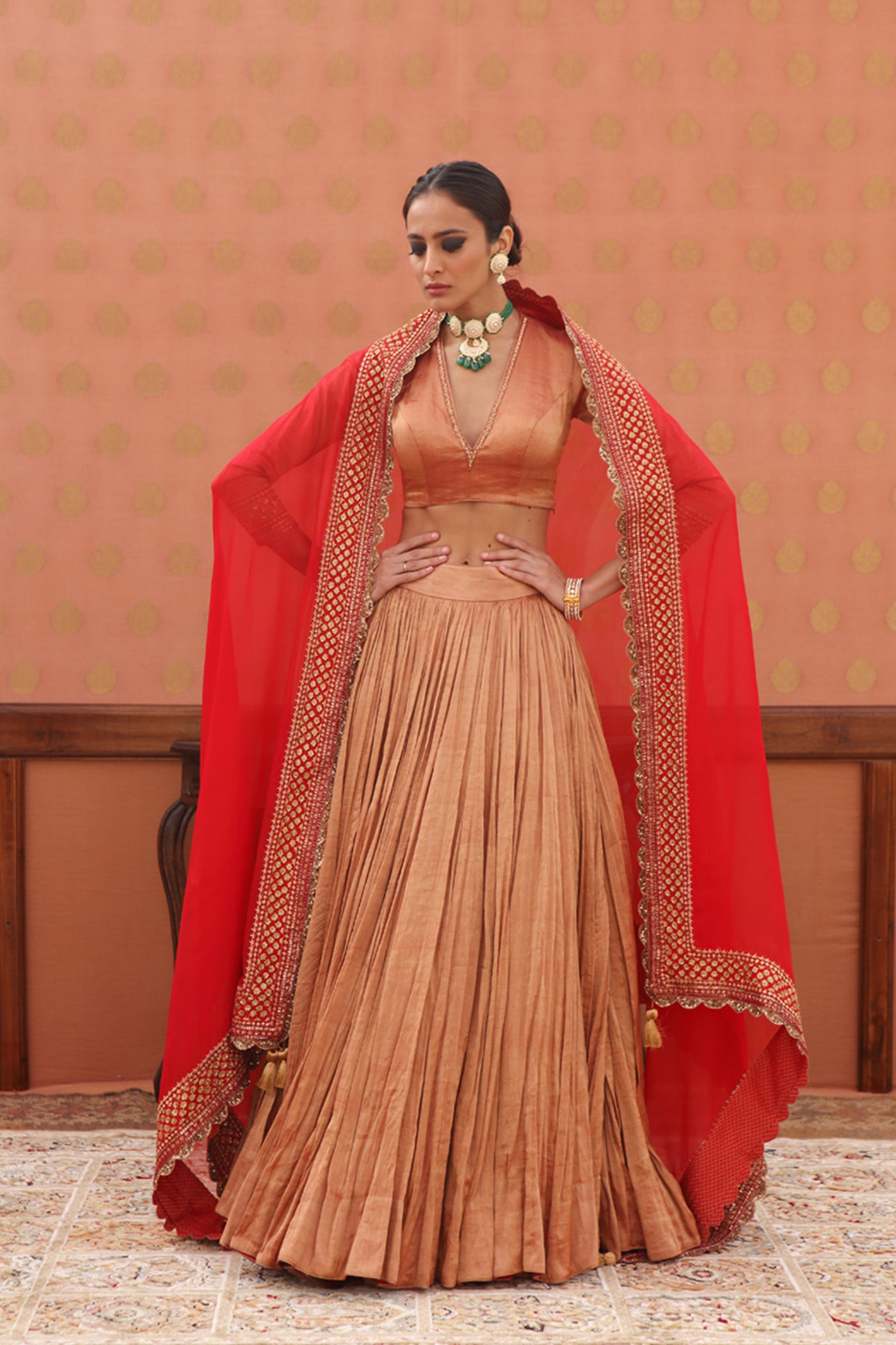 Hand-Embroidered Pure Metallic-Silk Red Lehenga-Set