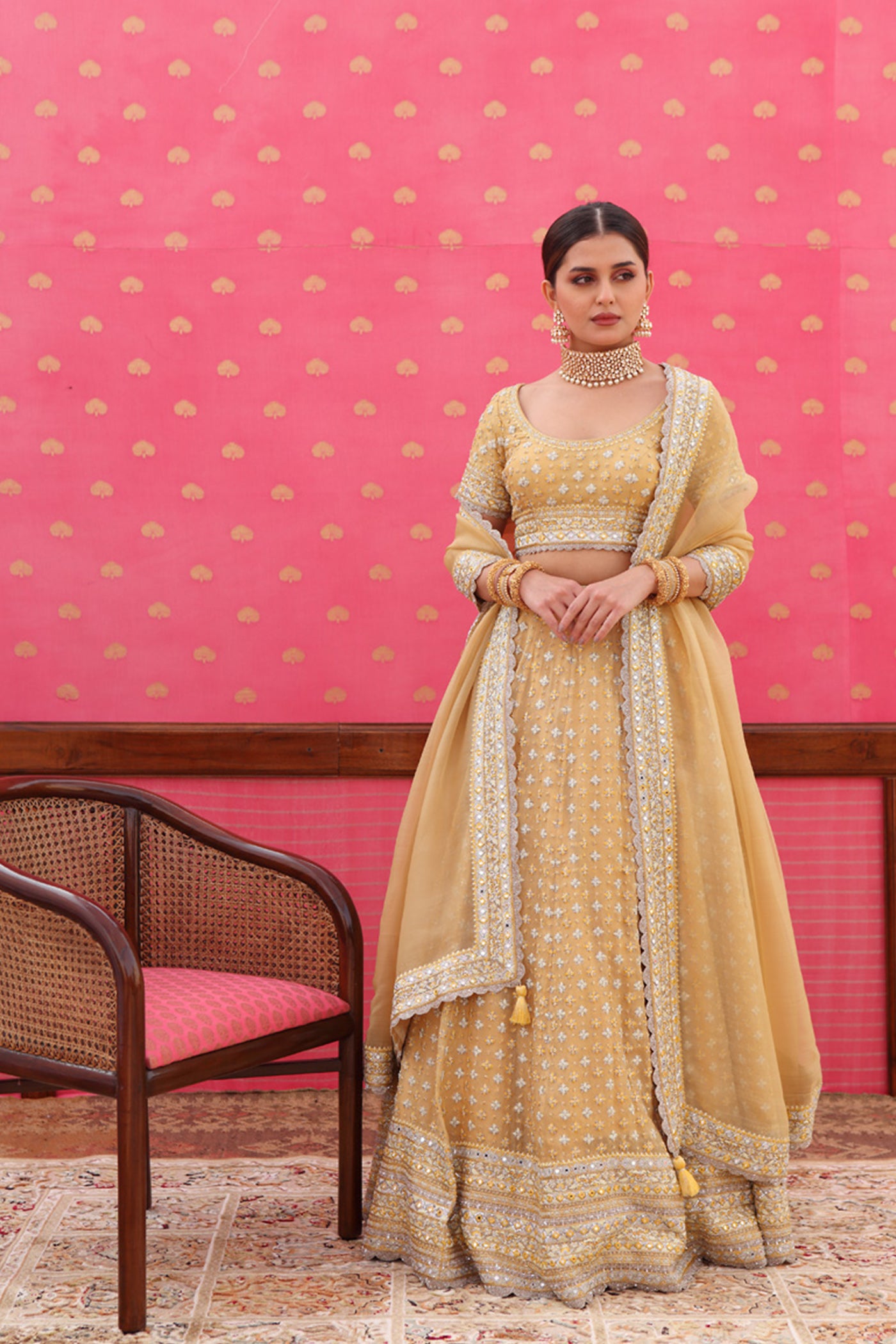 Hand-Embroidered Pure Silk-Organza Dusty-Yellow Lehenga-Set