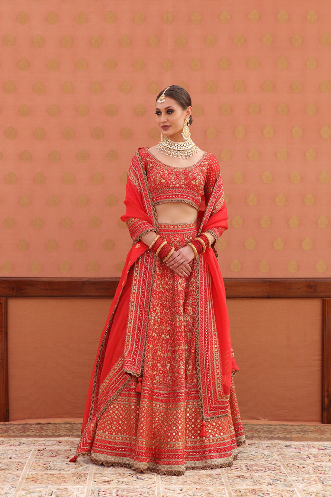 Hand-Embroidered Pure Silk-Organza Orange-Red Lehenga-Set