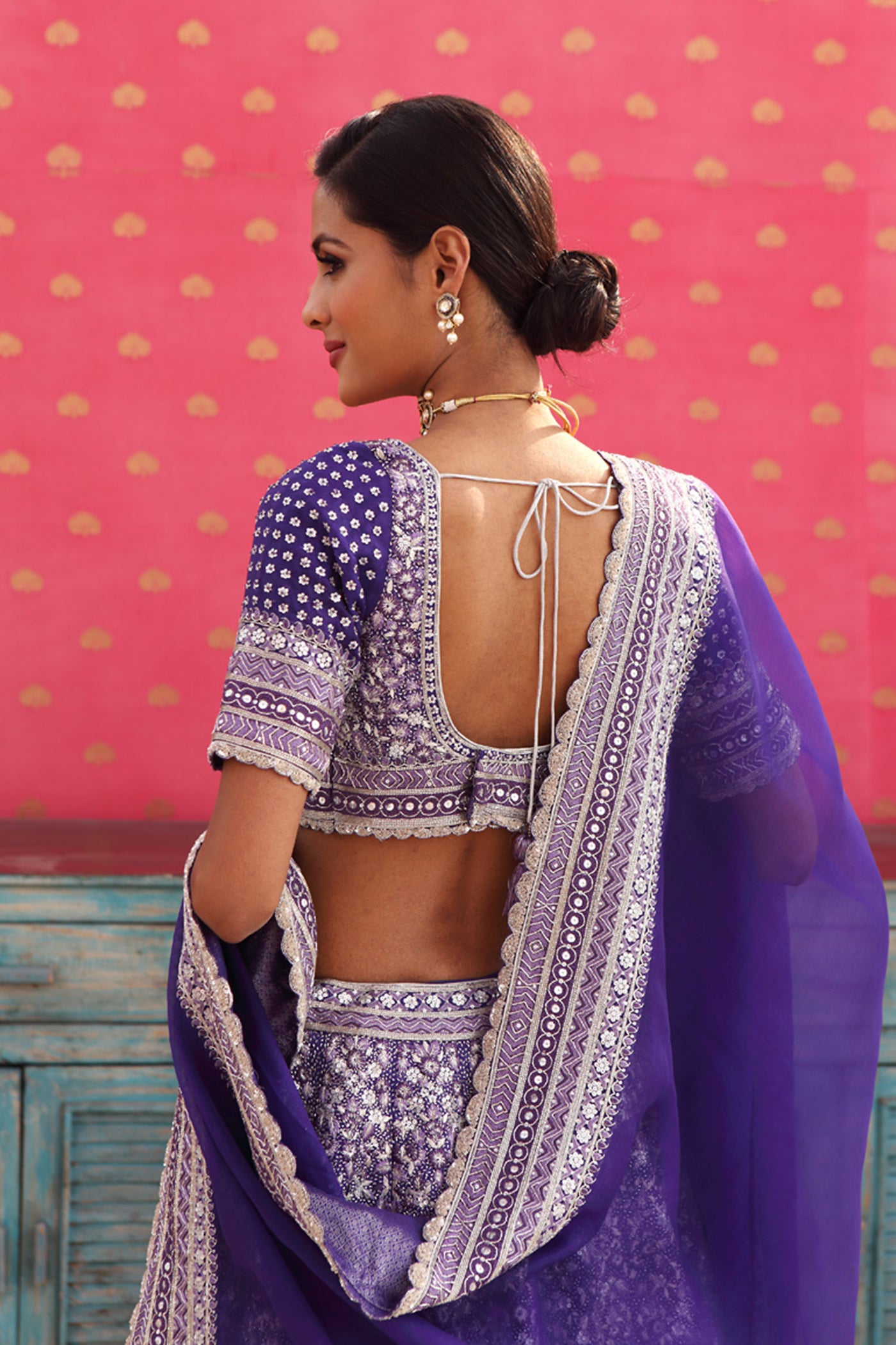 Hand-Embroidered Pure Silk-Organza Deep Purple-Blue Lehenga-Set