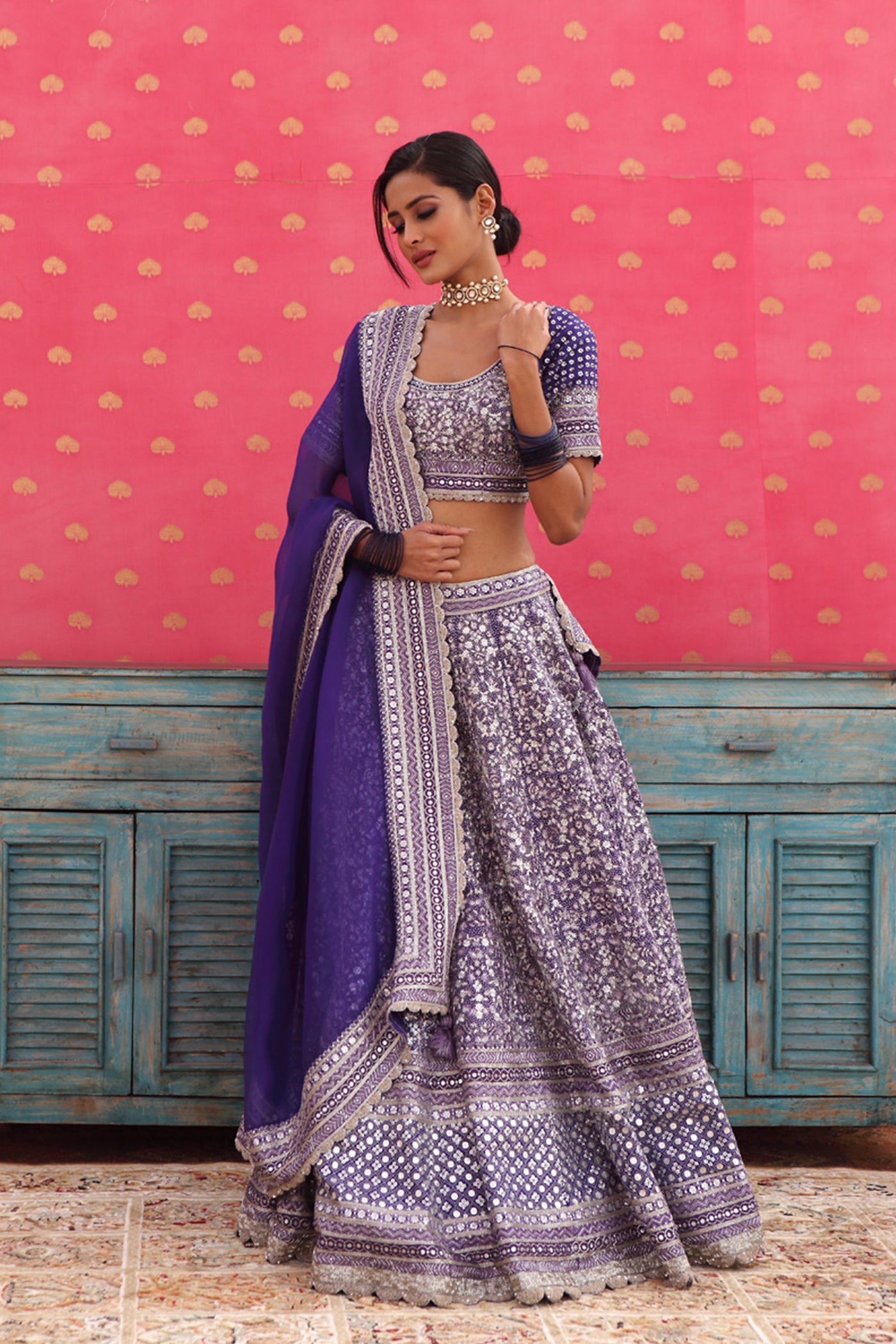 Hand-Embroidered Pure Silk-Organza Deep Purple-Blue Lehenga-Set