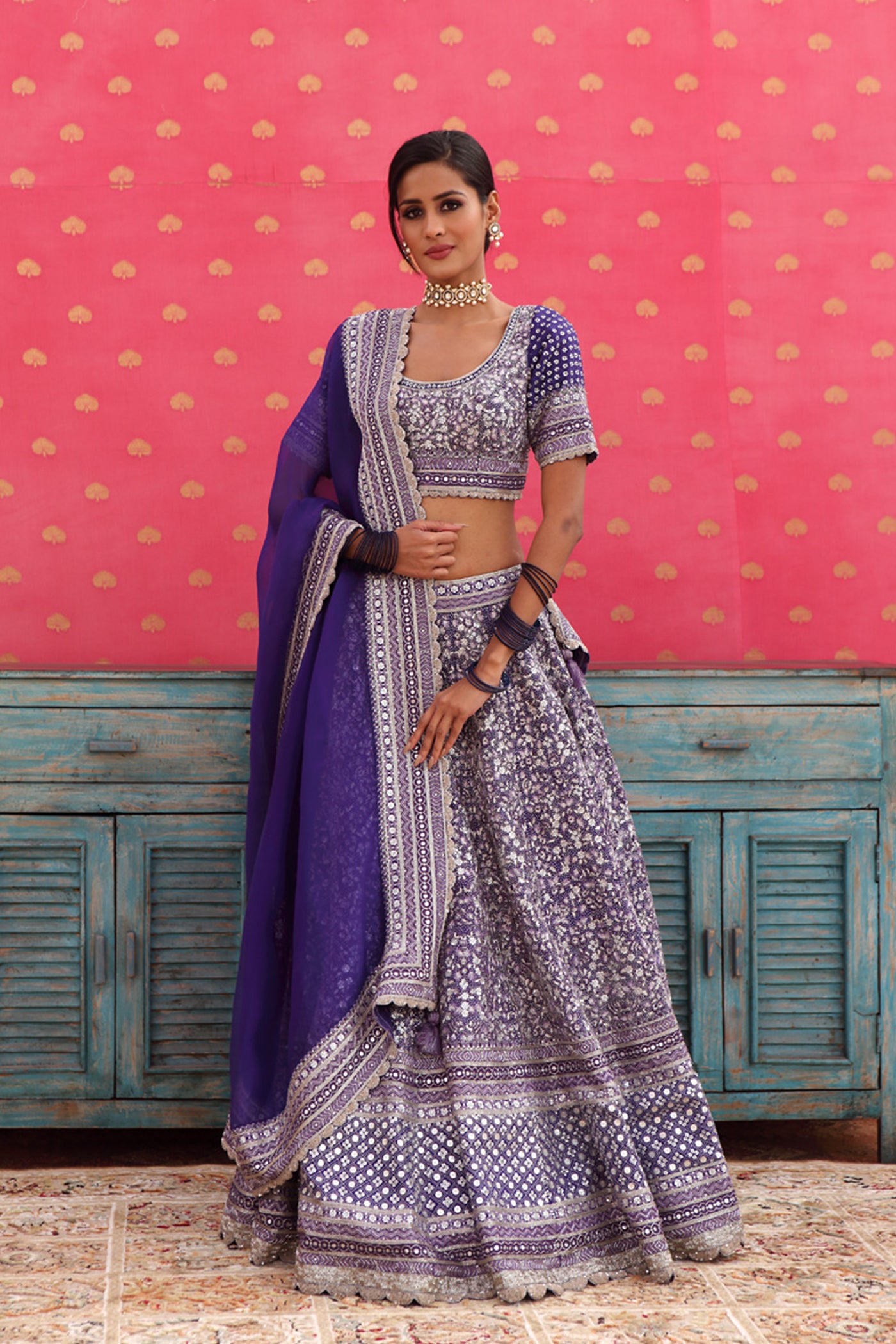 Hand-Embroidered Pure Silk-Organza Deep Purple-Blue Lehenga-Set