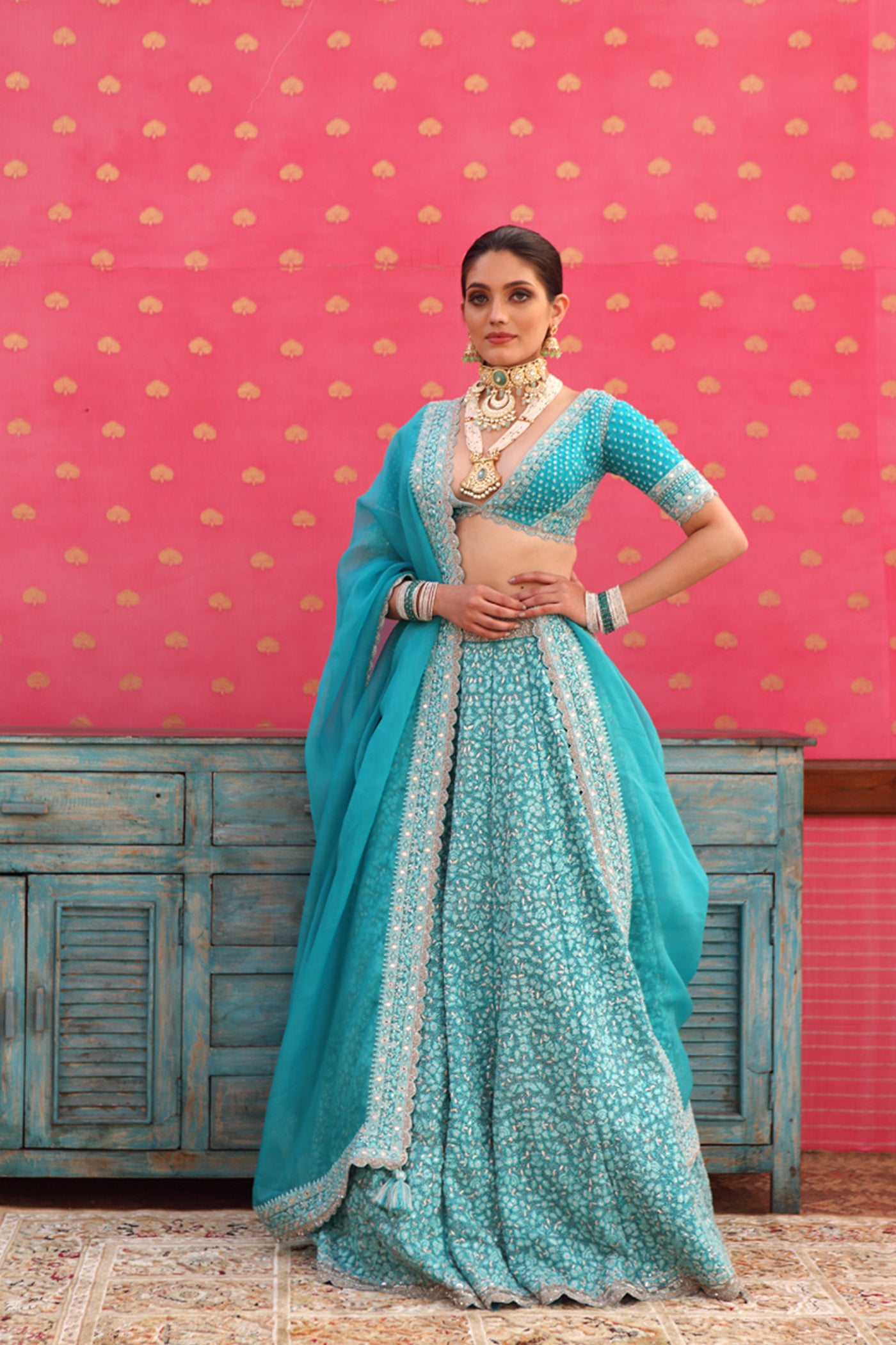 Hand-Embroidered Pure Silk-Organza Sea-Blue Lehenga-Set