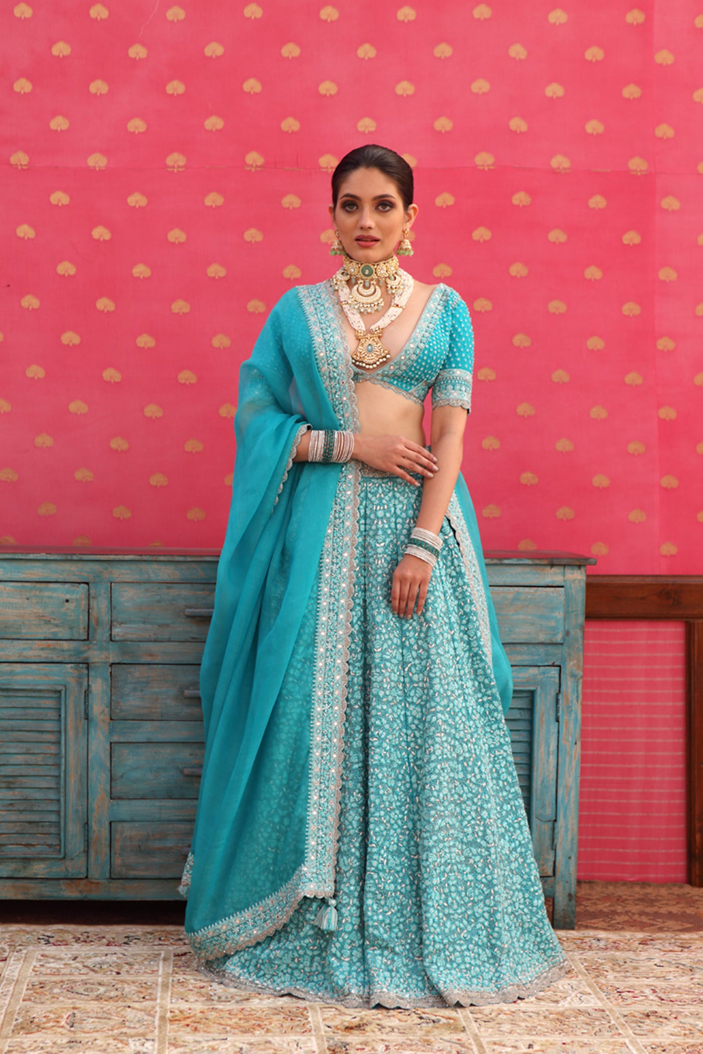 Hand-Embroidered Pure Silk-Organza Sea-Blue Lehenga-Set