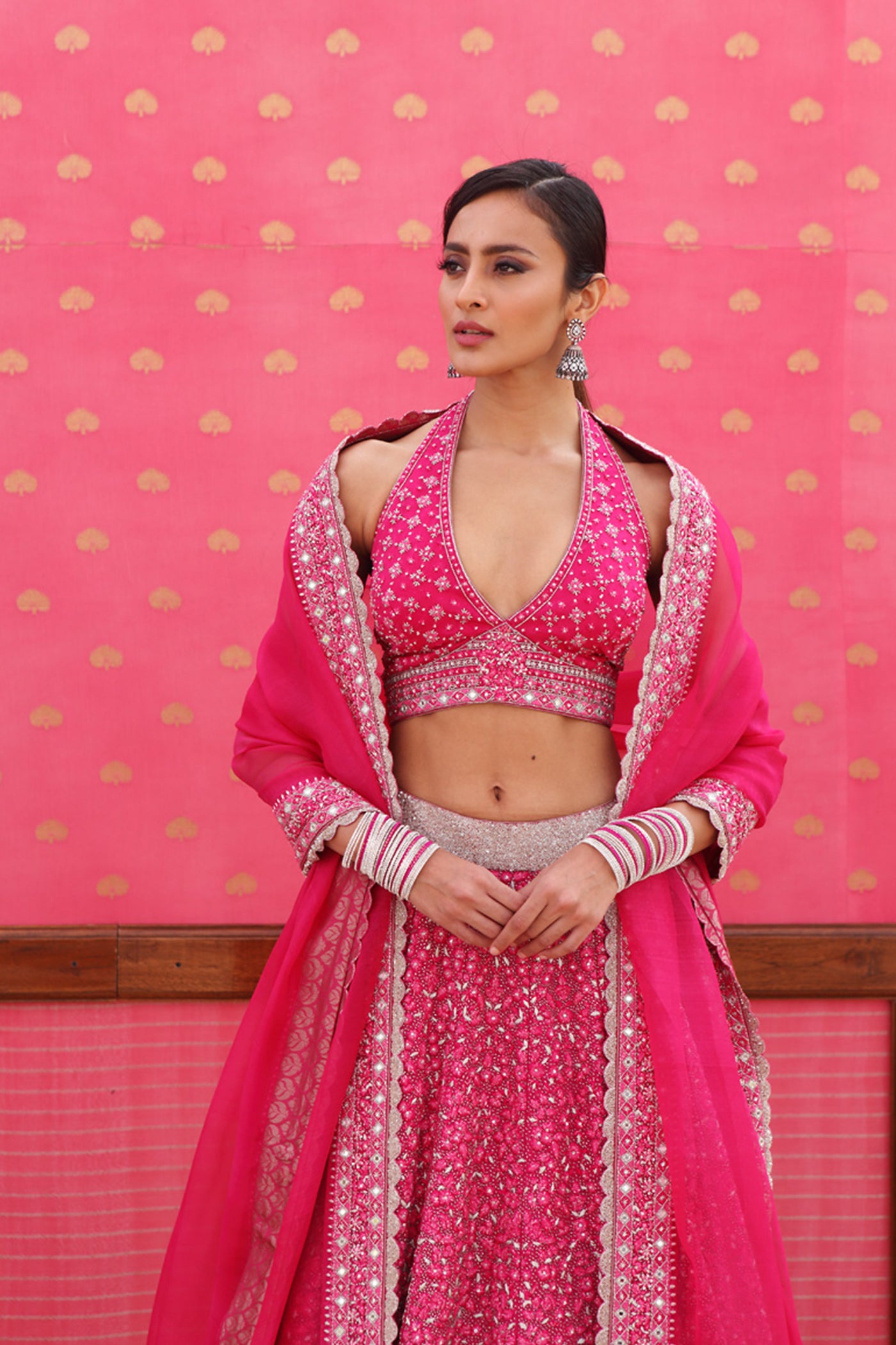 Hand-Embroidered Pure Silk-Organza Jazzy-Pink Lehenga-Set