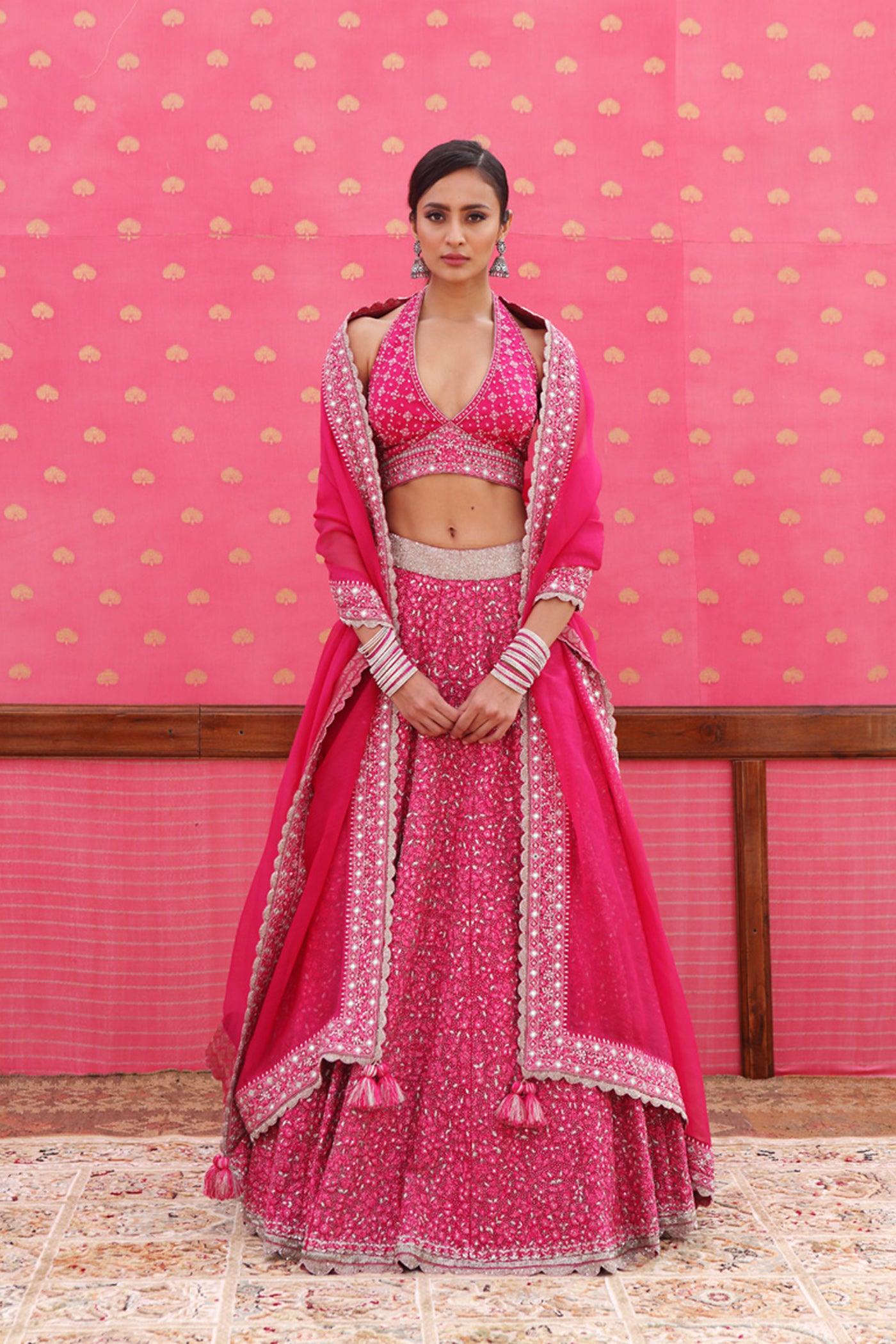 Hand-Embroidered Pure Silk-Organza Jazzy-Pink Lehenga-Set