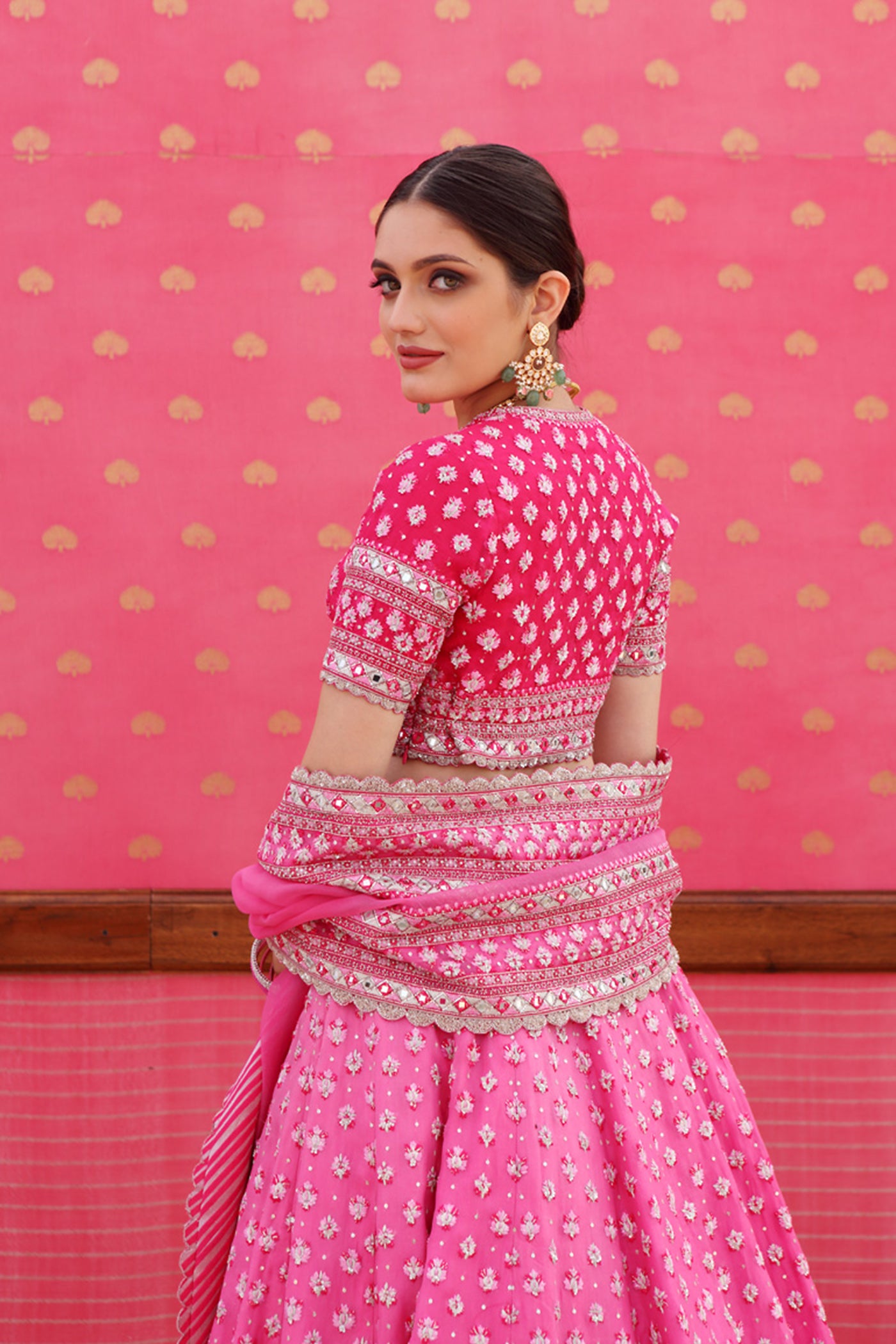 Hand-Embroidered Pure Silk-Organza Ombre Jazzy-Pink Lehenga-Set