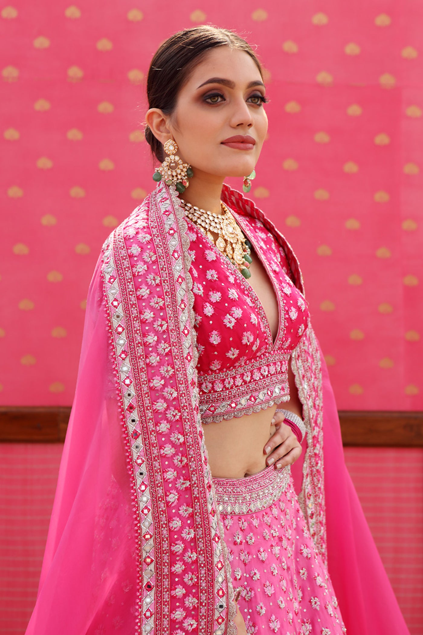 Hand-Embroidered Pure Silk-Organza Ombre Jazzy-Pink Lehenga-Set