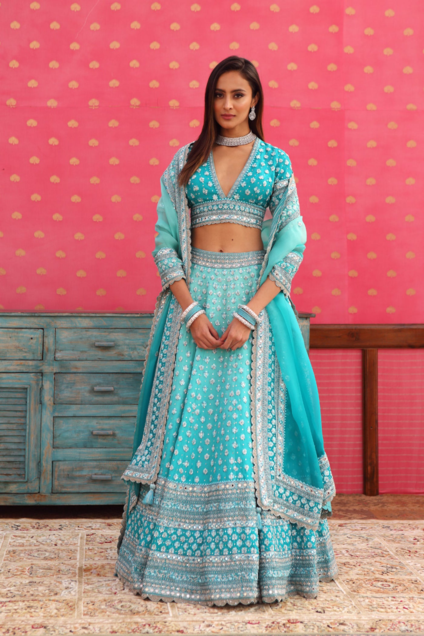 Hand-Embroidered Pure Silk-Organza Ombre Sea-Blue Lehenga-Set