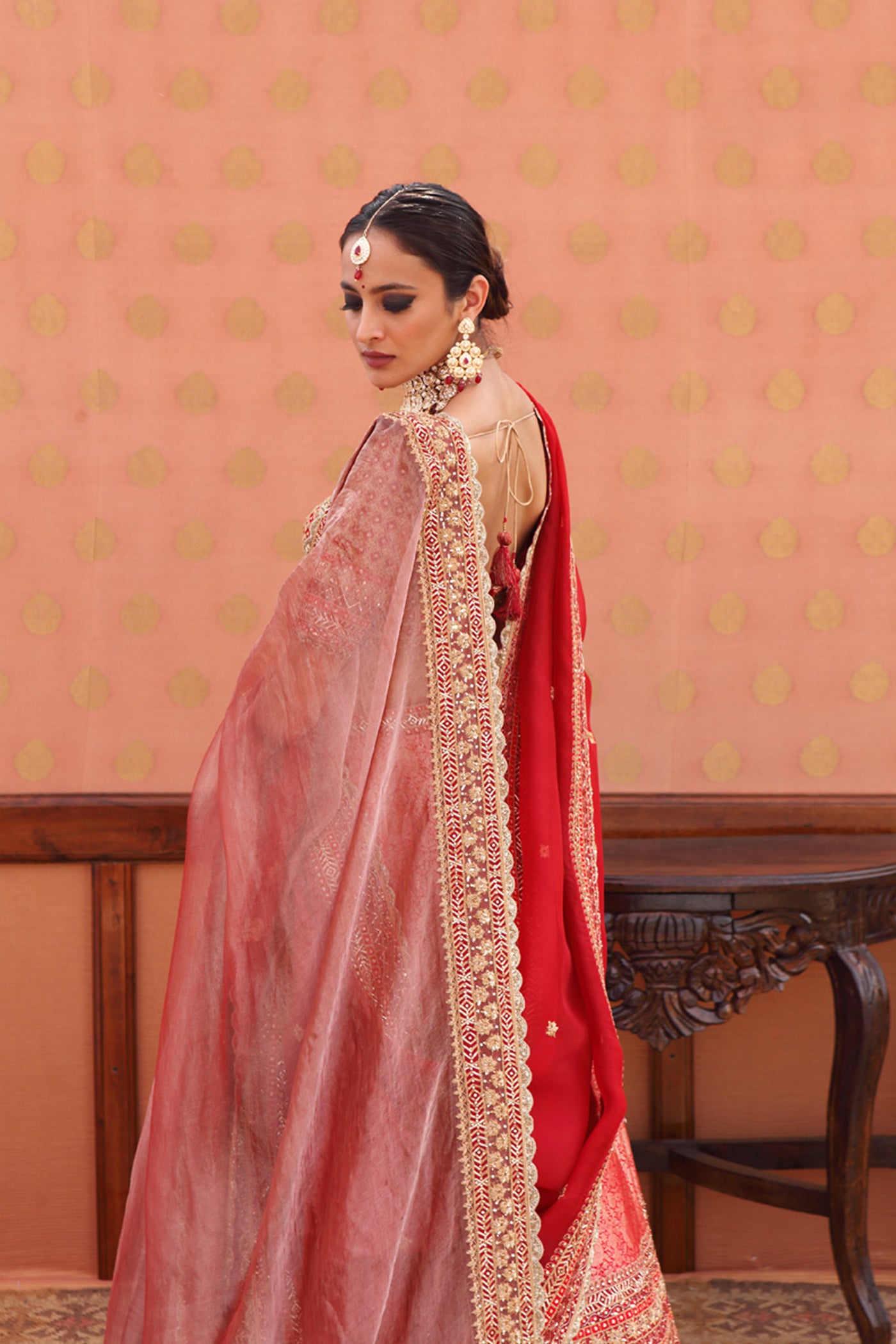 Hand-Embroidered Haute-Red Pure Silk Brocade Lehenga-Set