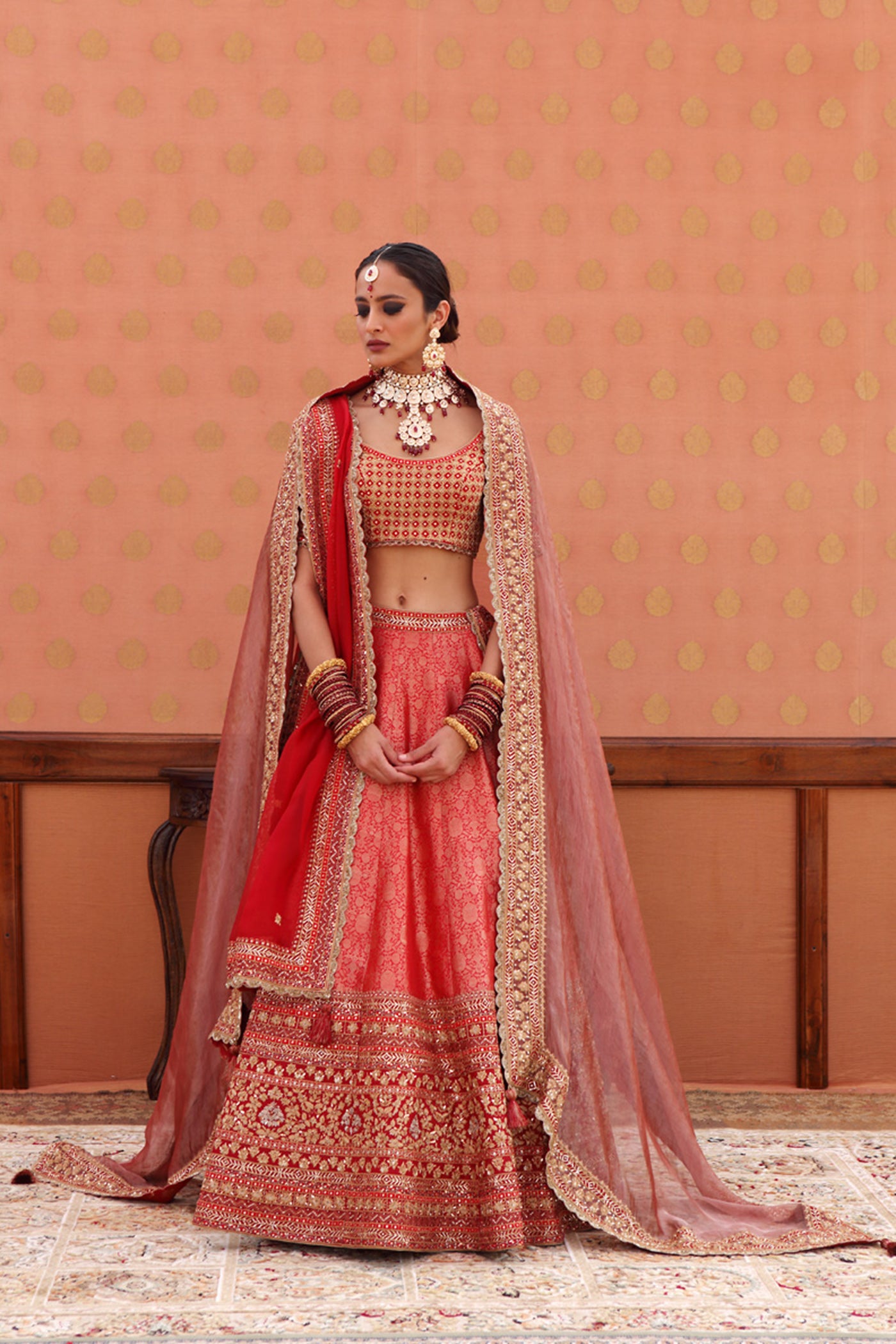 Hand-Embroidered Haute-Red Pure Silk Brocade Lehenga-Set