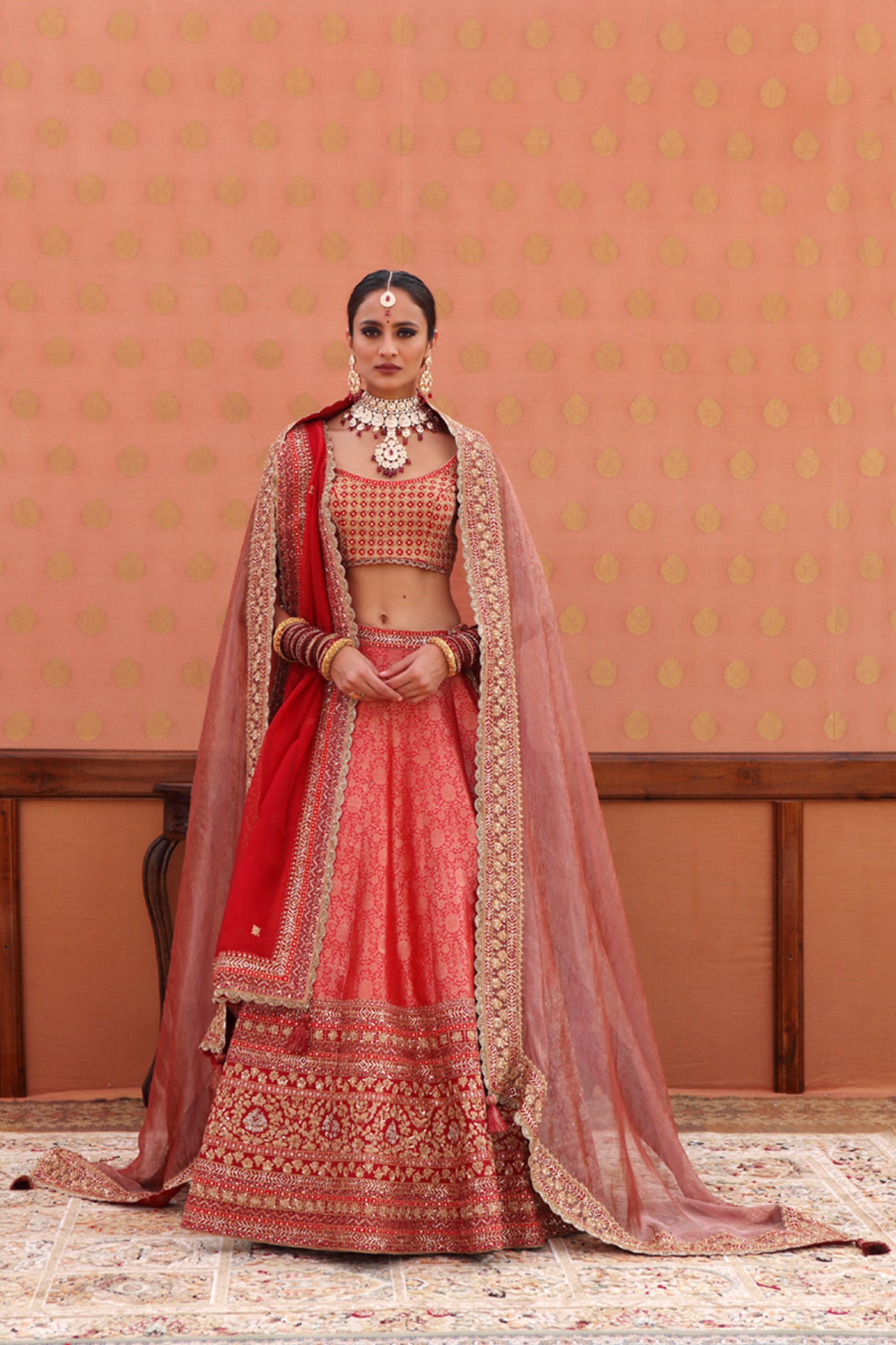 Hand-Embroidered Haute-Red Pure Silk Brocade Lehenga-Set