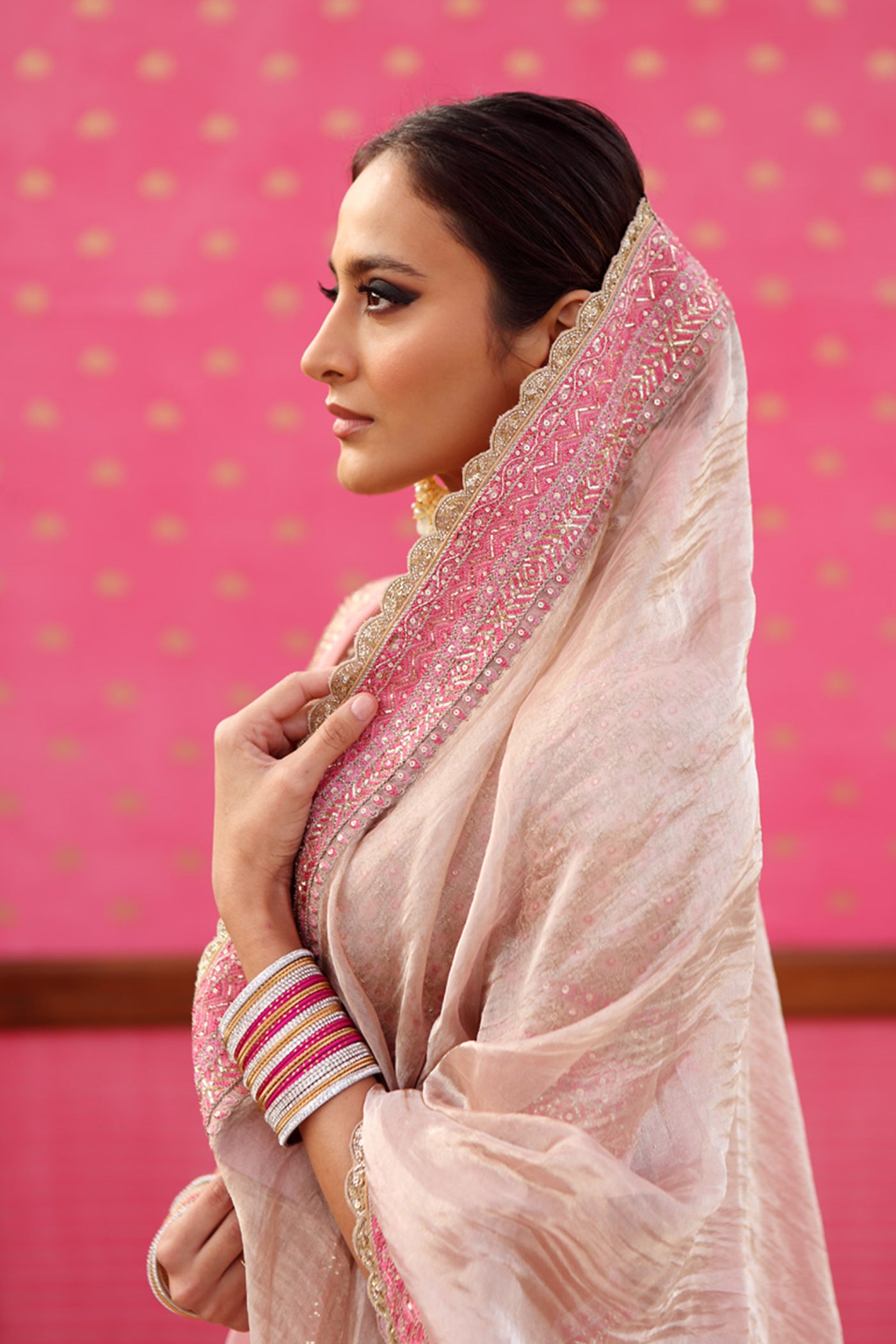 Hand-Embroidered Ice-Pink Pure Silk Brocade Lehenga-Set