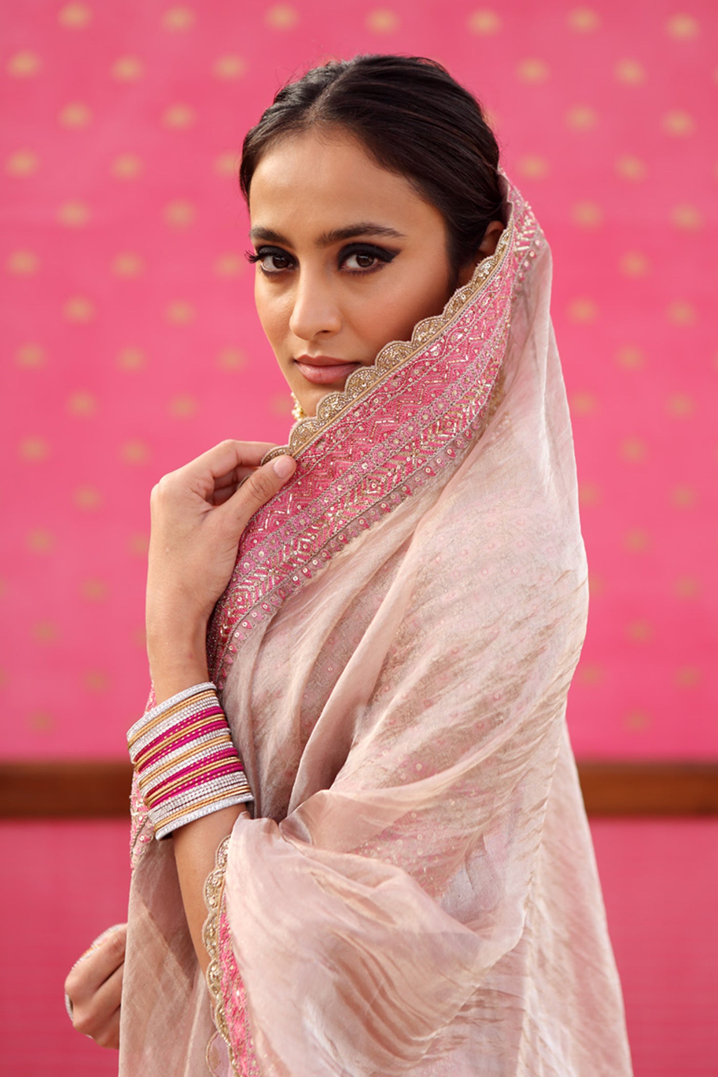 Hand-Embroidered Ice-Pink Pure Silk Brocade Lehenga-Set