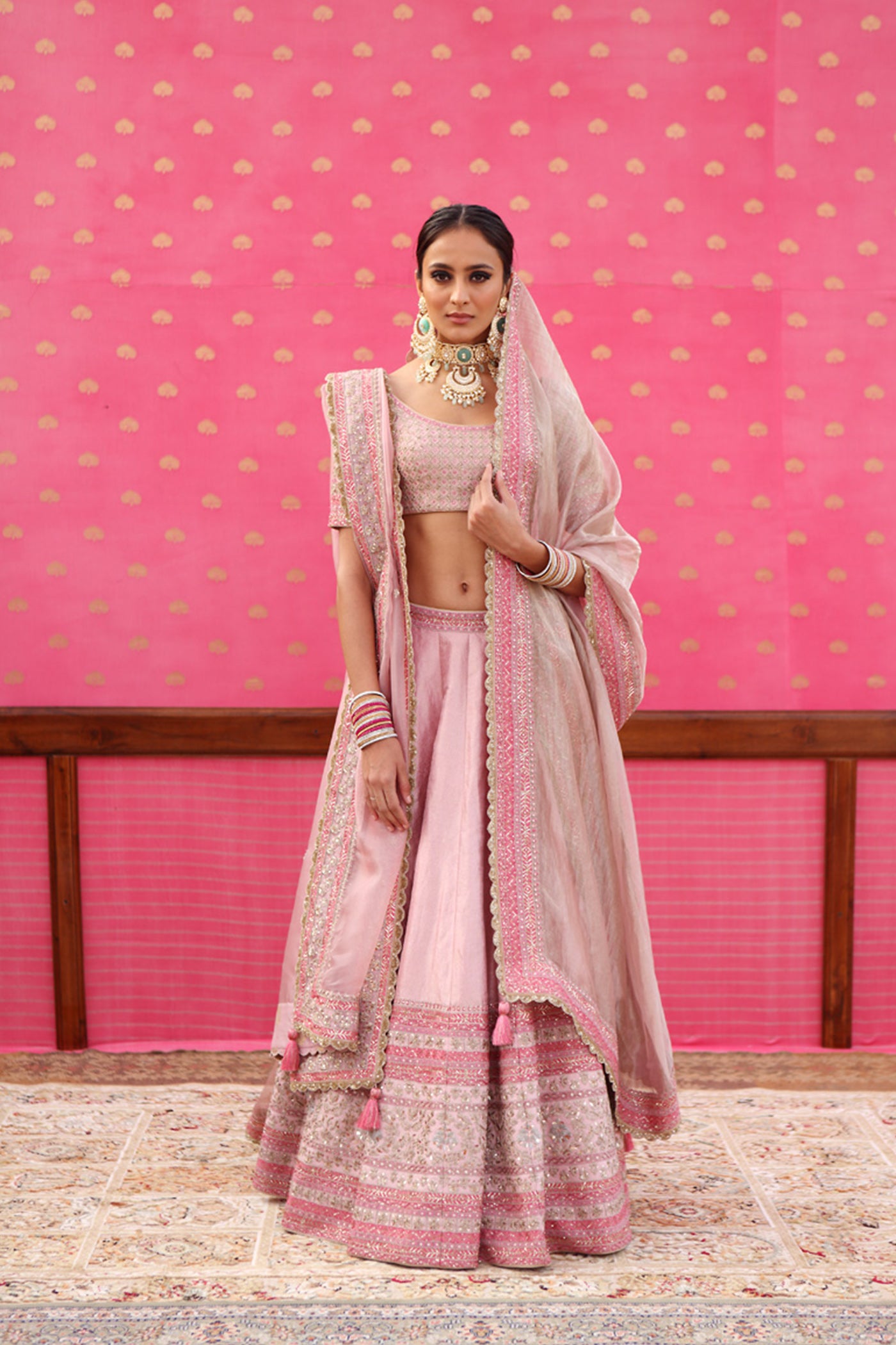 Hand-Embroidered Ice-Pink Pure Silk Brocade Lehenga-Set