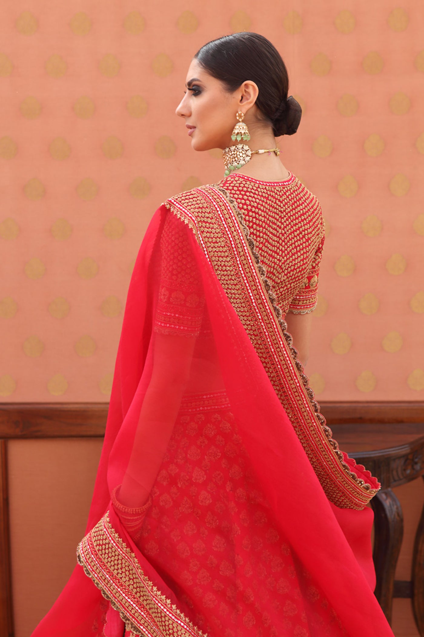 Hand-Embroidered Chinese-Red Pure Silk-Organza Lehenga-Set