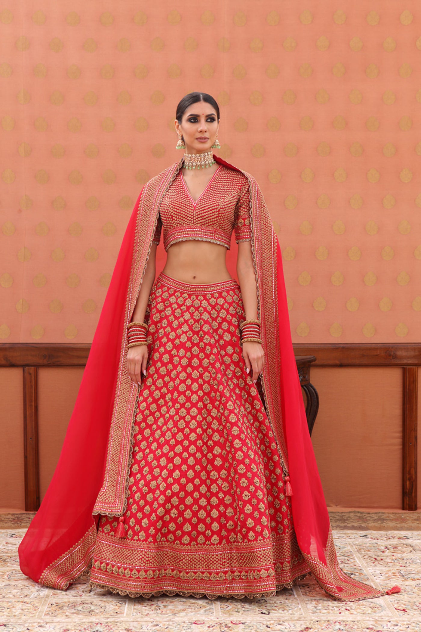 Hand-Embroidered Chinese-Red Pure Silk-Organza Lehenga-Set