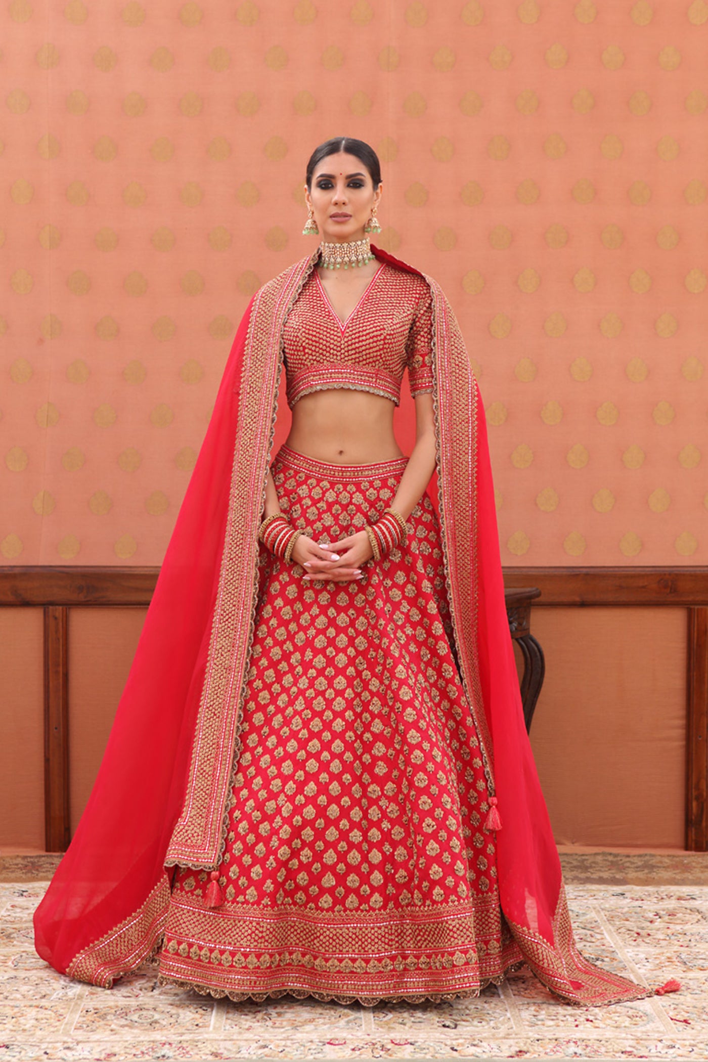 Hand-Embroidered Chinese-Red Pure Silk-Organza Lehenga-Set