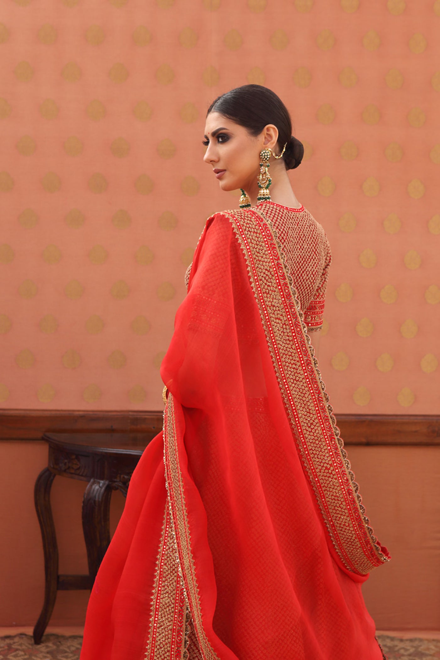 Hand-Embroidered Pure Silk-Organza Sinduri-Red Lehenga-Set