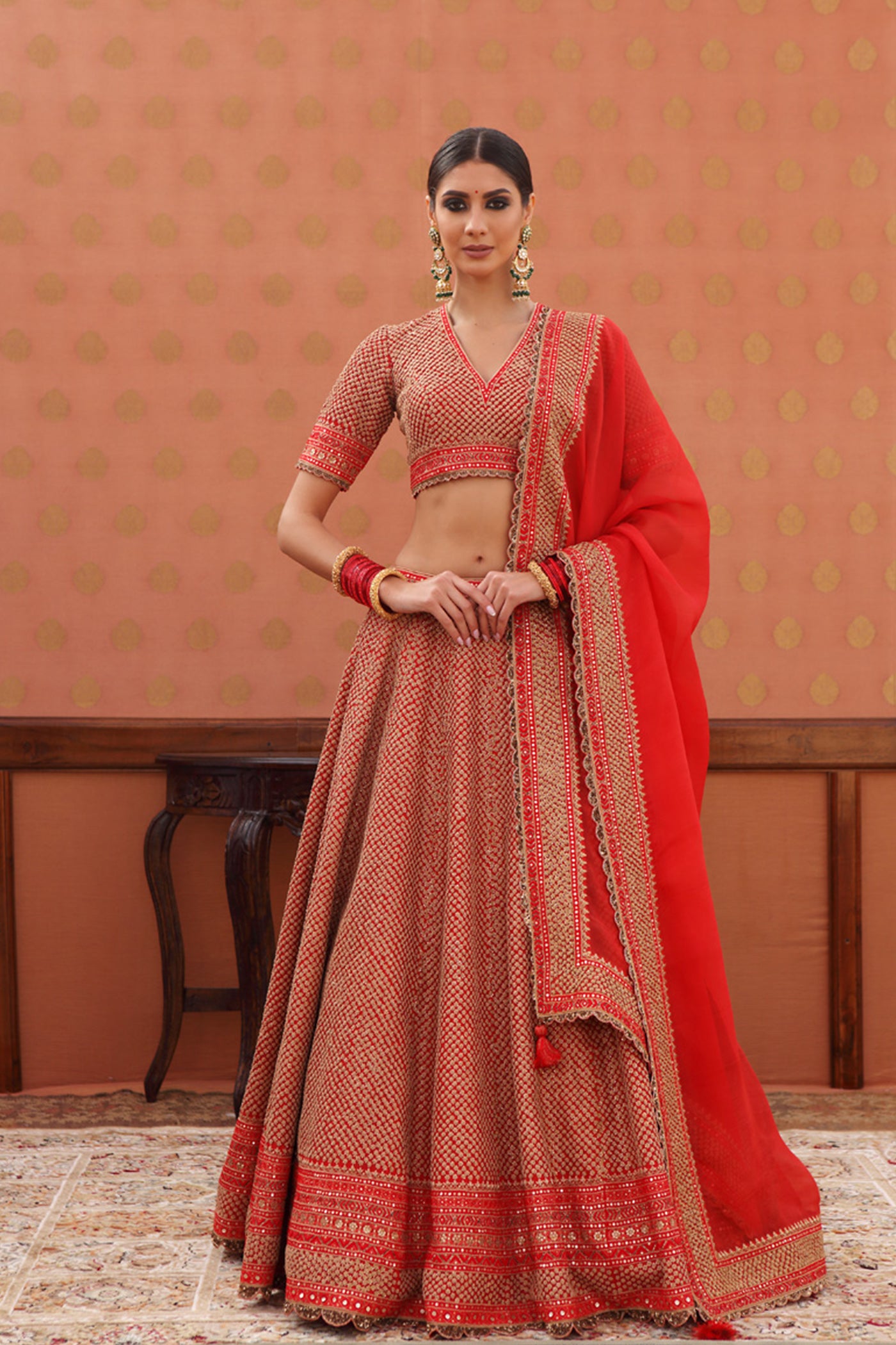 Hand-Embroidered Pure Silk-Organza Sinduri-Red Lehenga-Set