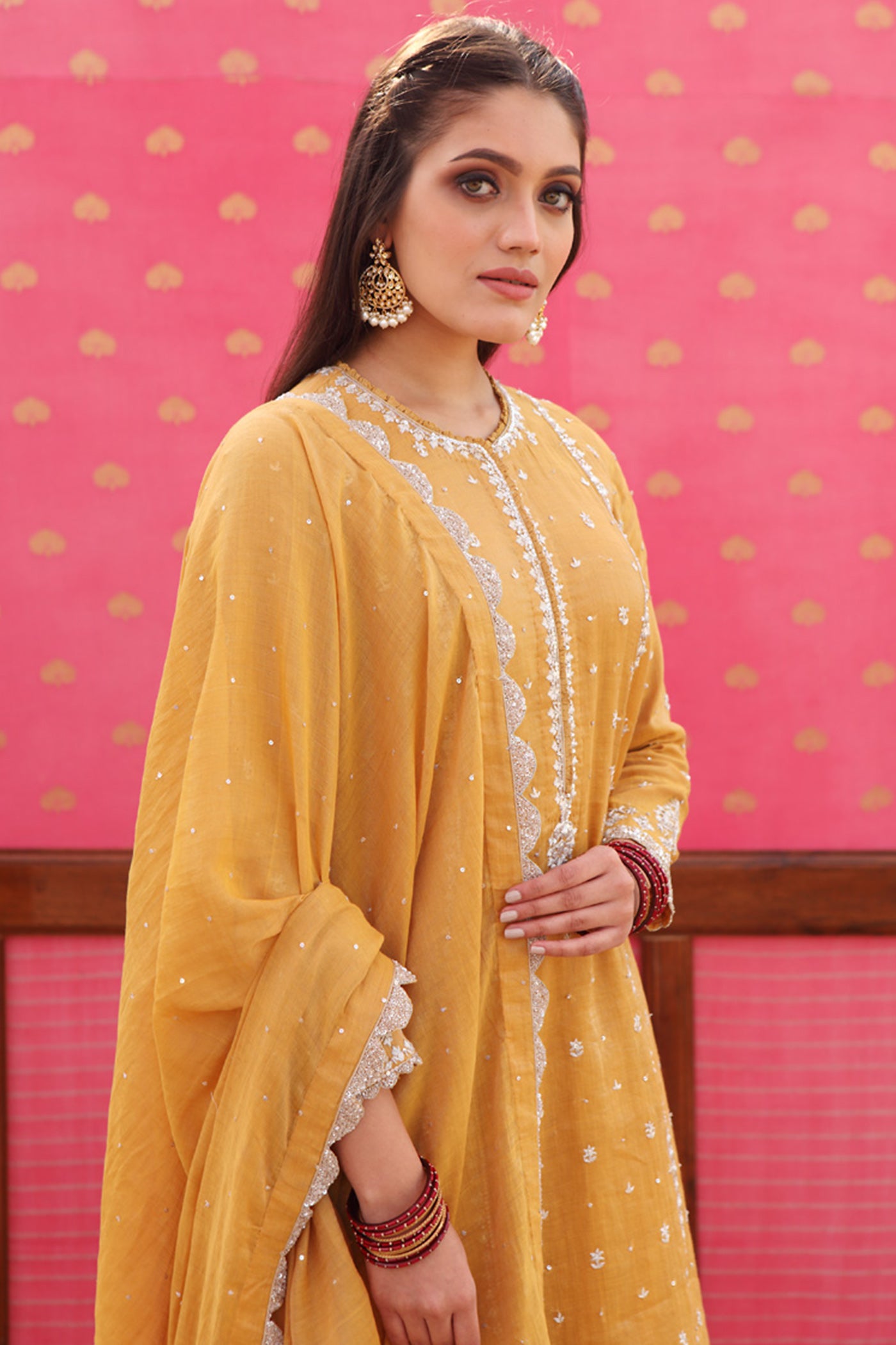 Hand-Embroidered Honey-Gold Yellow Kurta-Sharara Set