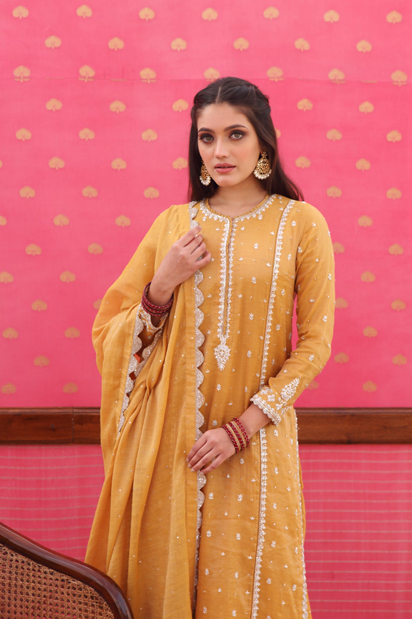 Hand-Embroidered Honey-Gold Yellow Kurta-Sharara Set