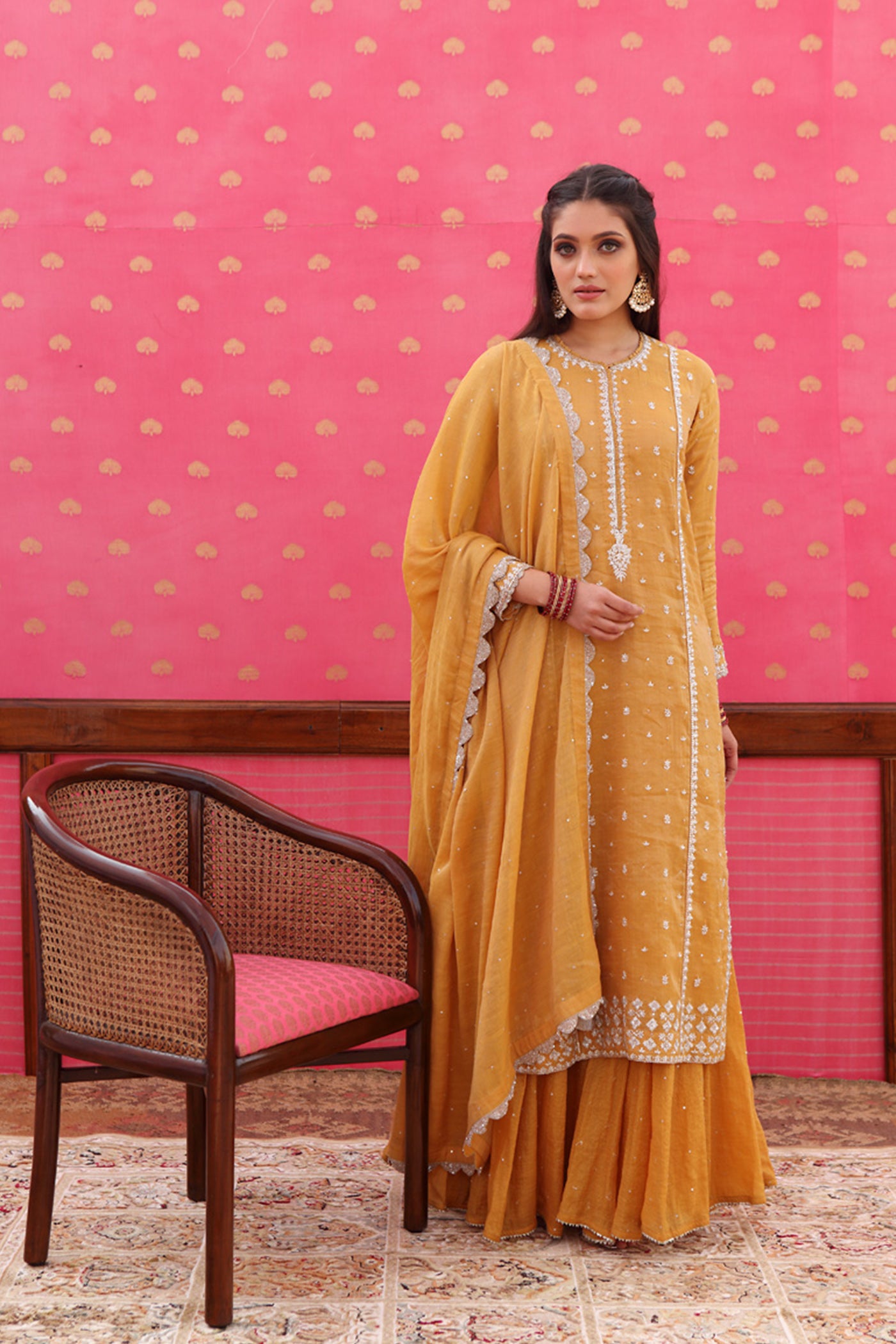 Hand-Embroidered Honey-Gold Yellow Kurta-Sharara Set