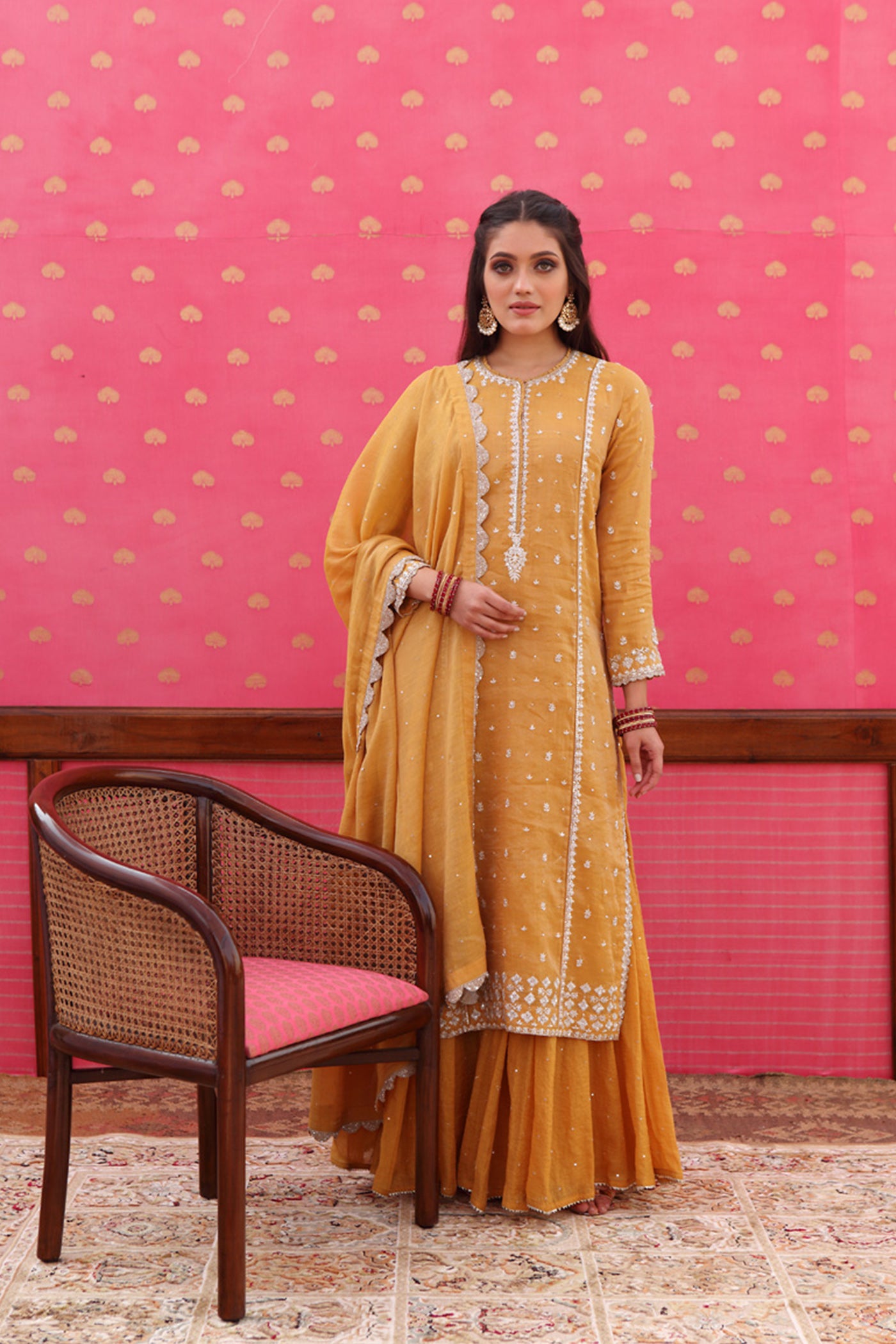 Hand-Embroidered Honey-Gold Yellow Kurta-Sharara Set