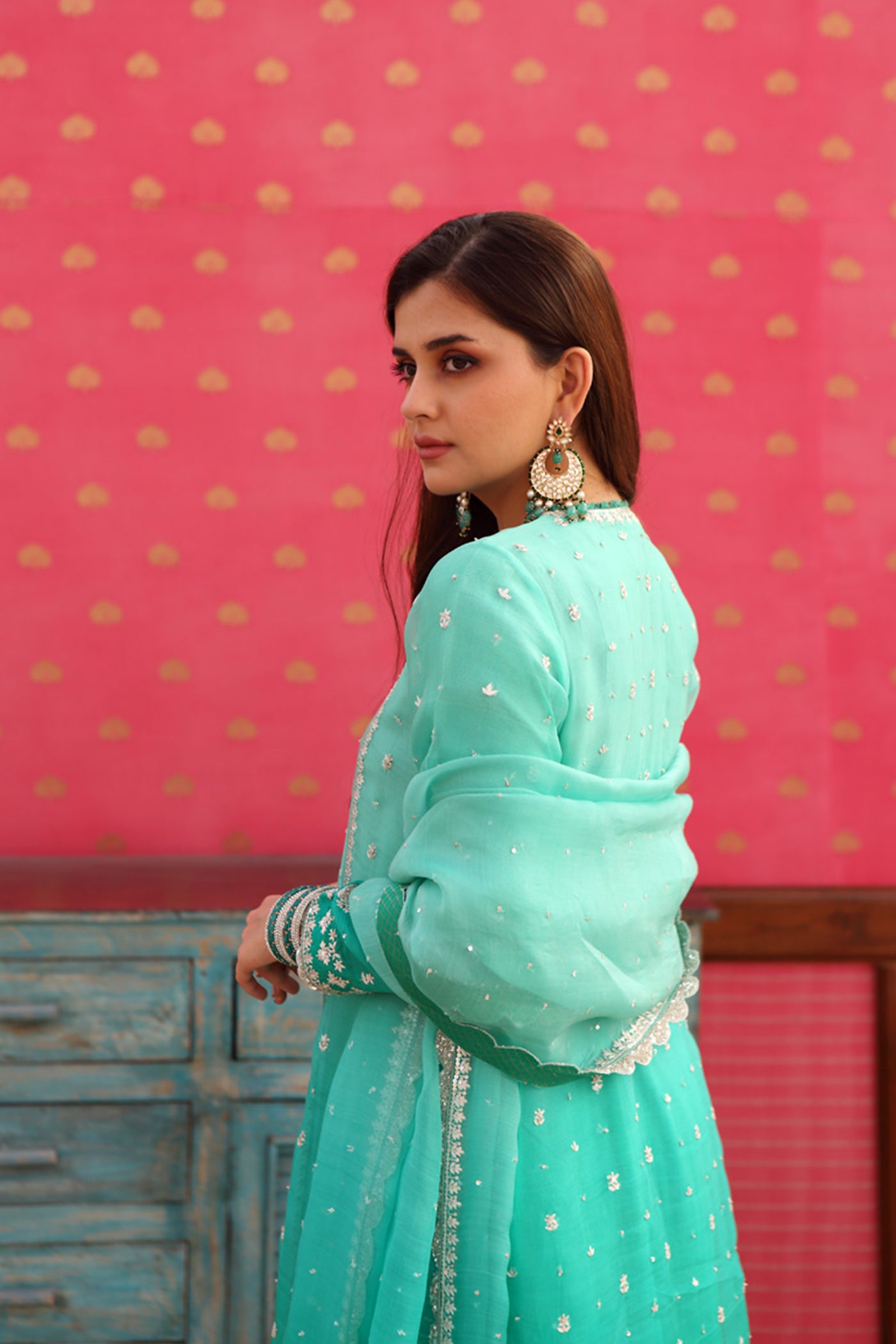 Hand-Embroidered Ombre Sea-Green Kurta-Churidaar Set