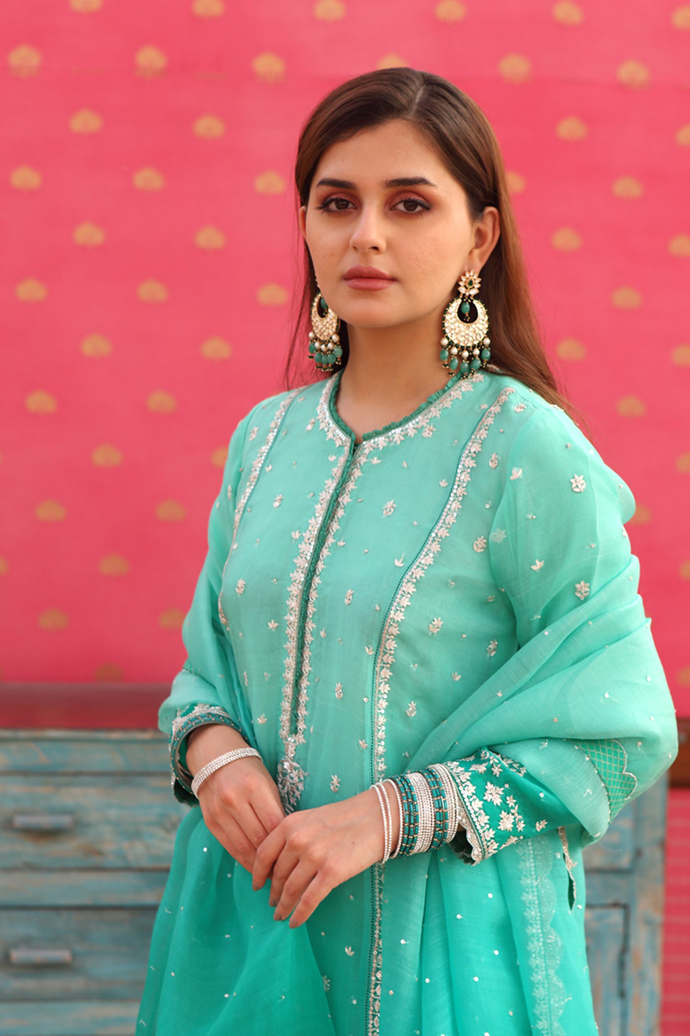 Hand-Embroidered Ombre Sea-Green Kurta-Churidaar Set