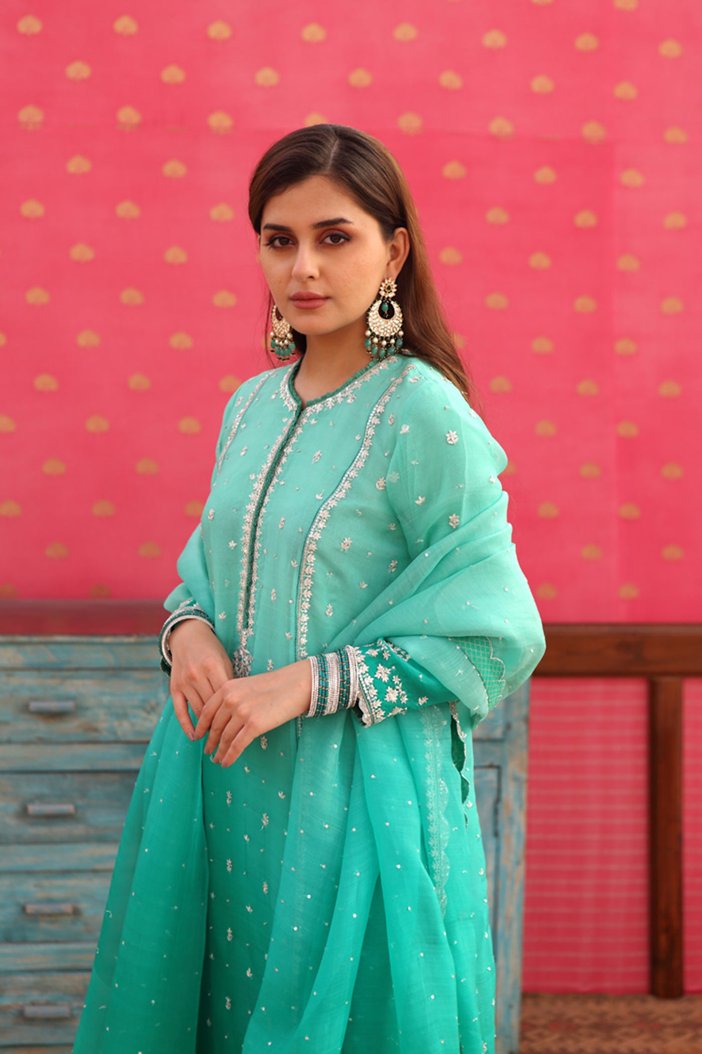 Hand-Embroidered Ombre Sea-Green Kurta-Churidaar Set