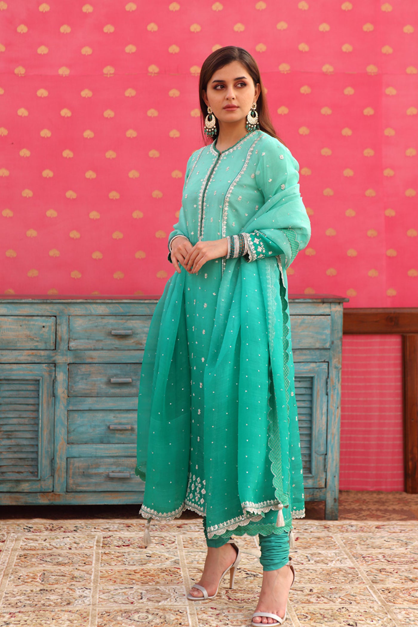 Hand-Embroidered Ombre Sea-Green Kurta-Churidaar Set