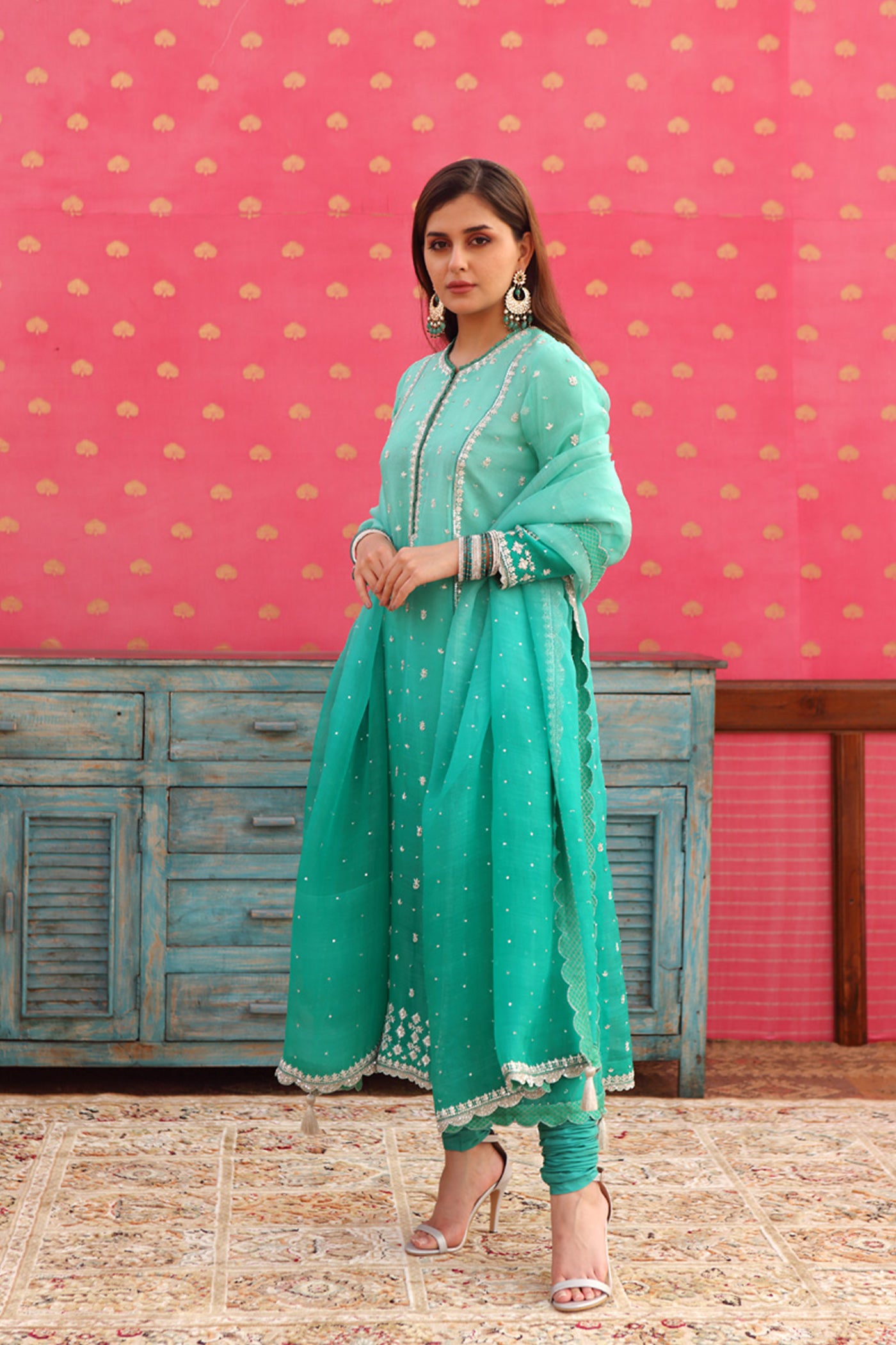 Hand-Embroidered Ombre Sea-Green Kurta-Churidaar Set