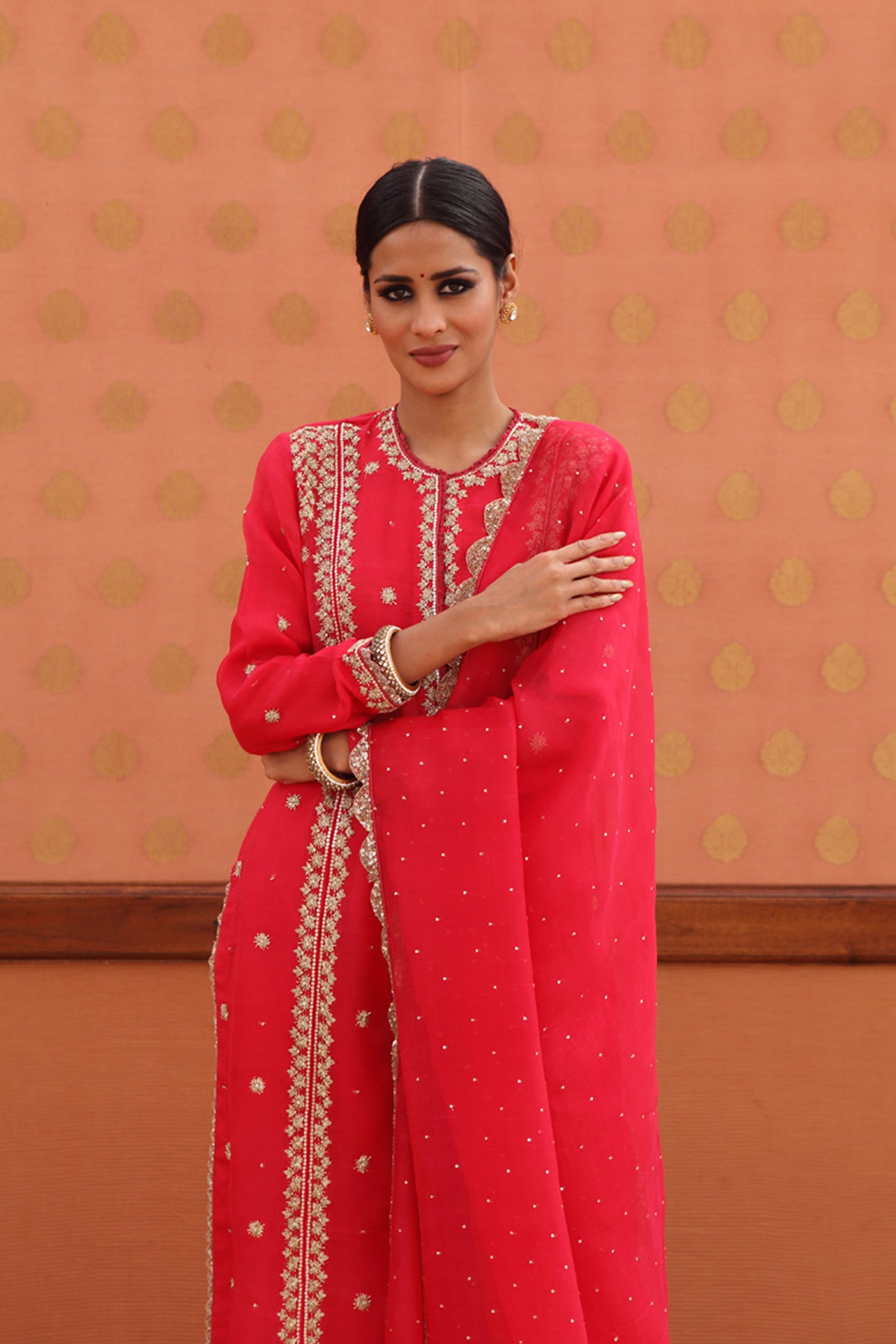 Hand-Embroidered Deep-Red Kurta-Churidaar Set
