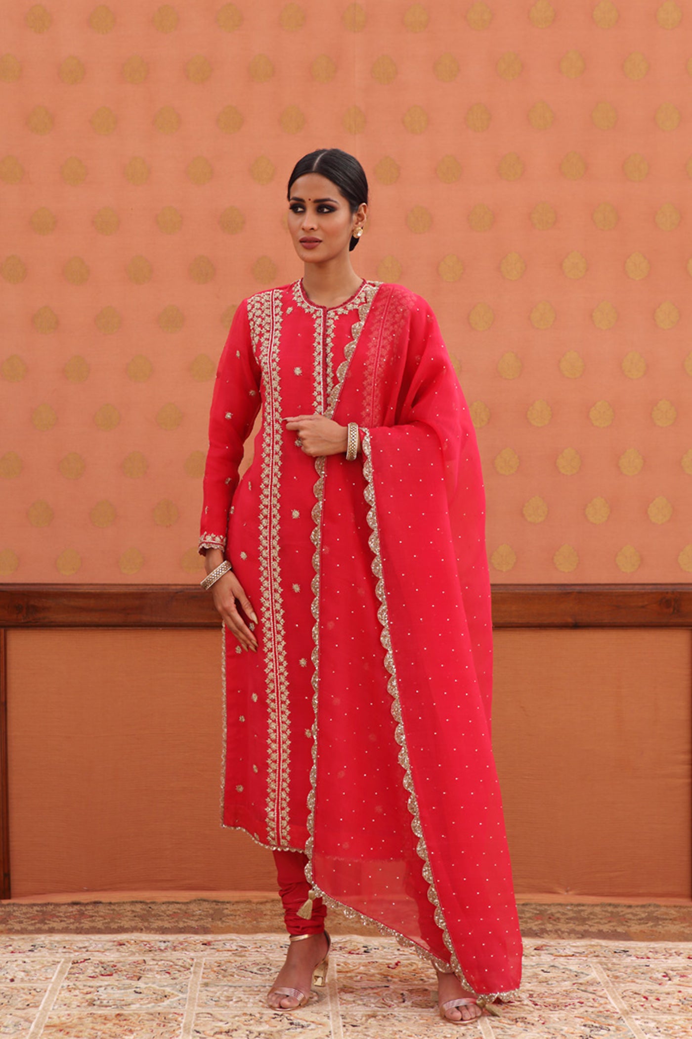 Hand-Embroidered Deep-Red Kurta-Churidaar Set