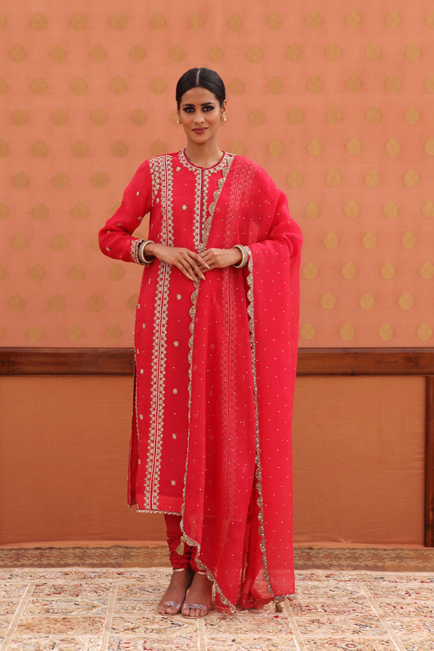 Hand-Embroidered Deep-Red Kurta-Churidaar Set