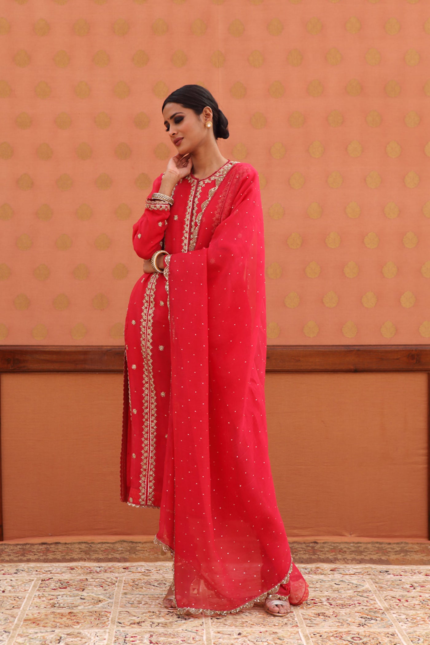 Hand-Embroidered Deep-Red Kurta-Churidaar Set