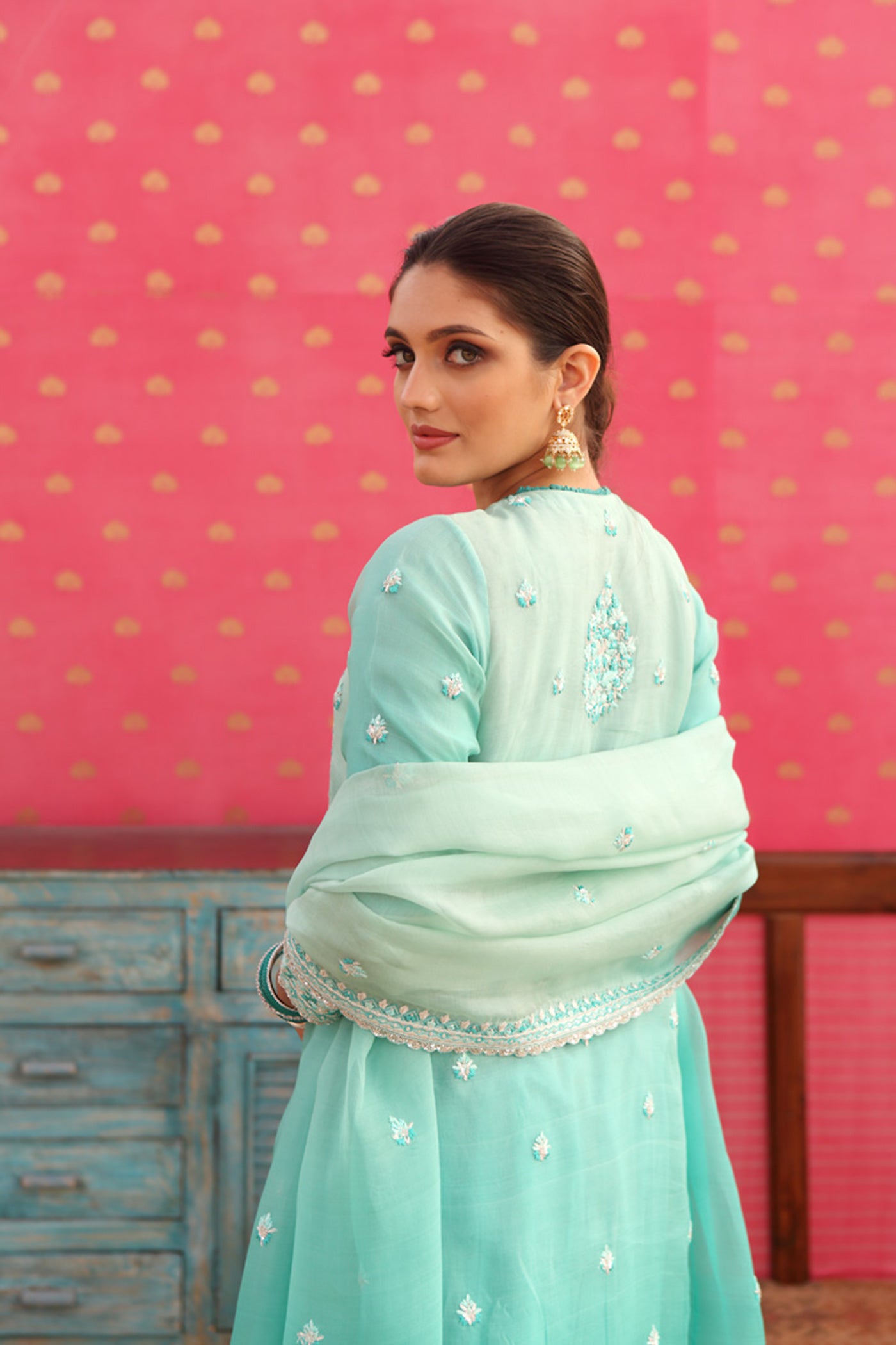 Hand-Embroidered Ombre Winter-Green Kurta-Churidaar Set