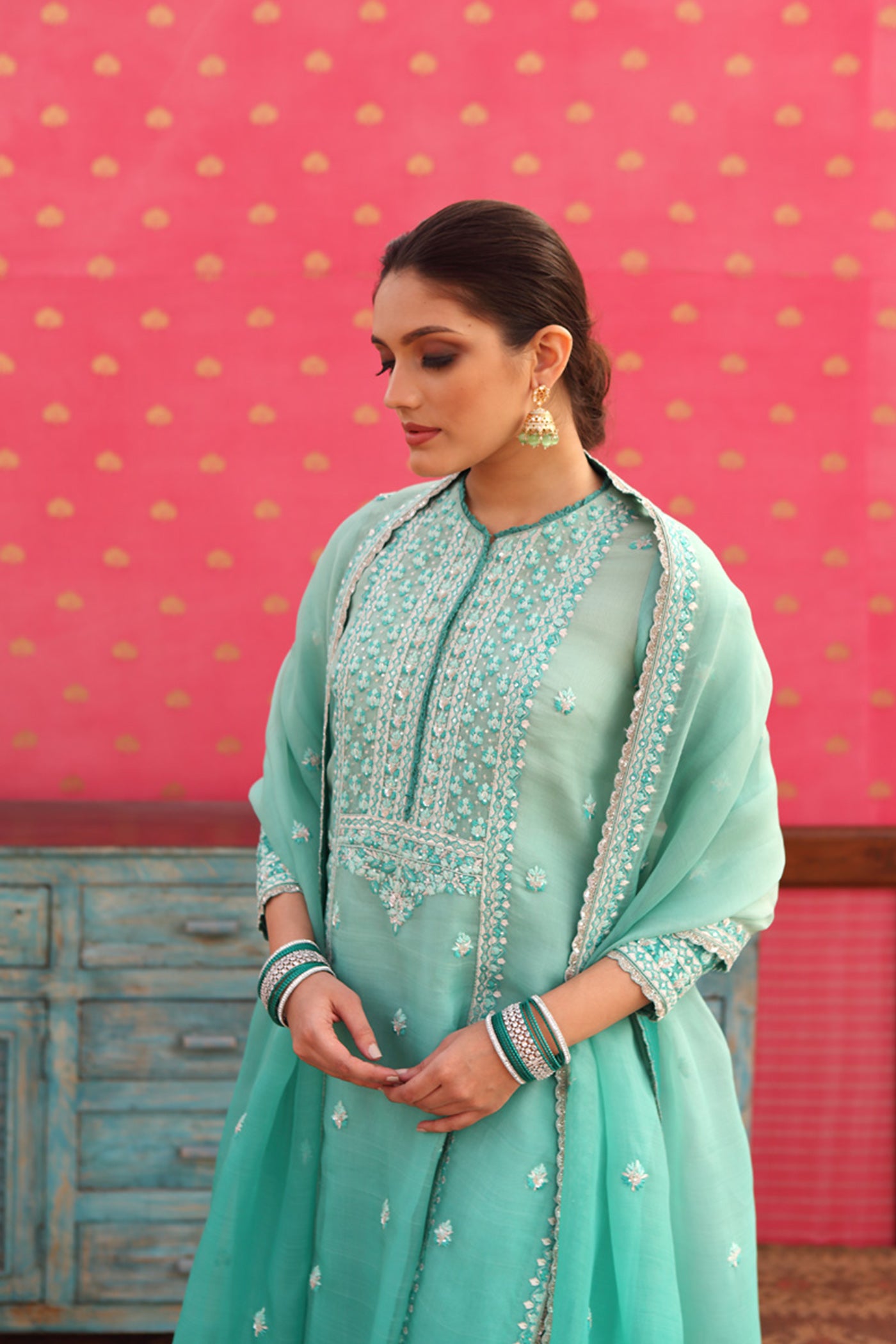 Hand-Embroidered Ombre Winter-Green Kurta-Churidaar Set