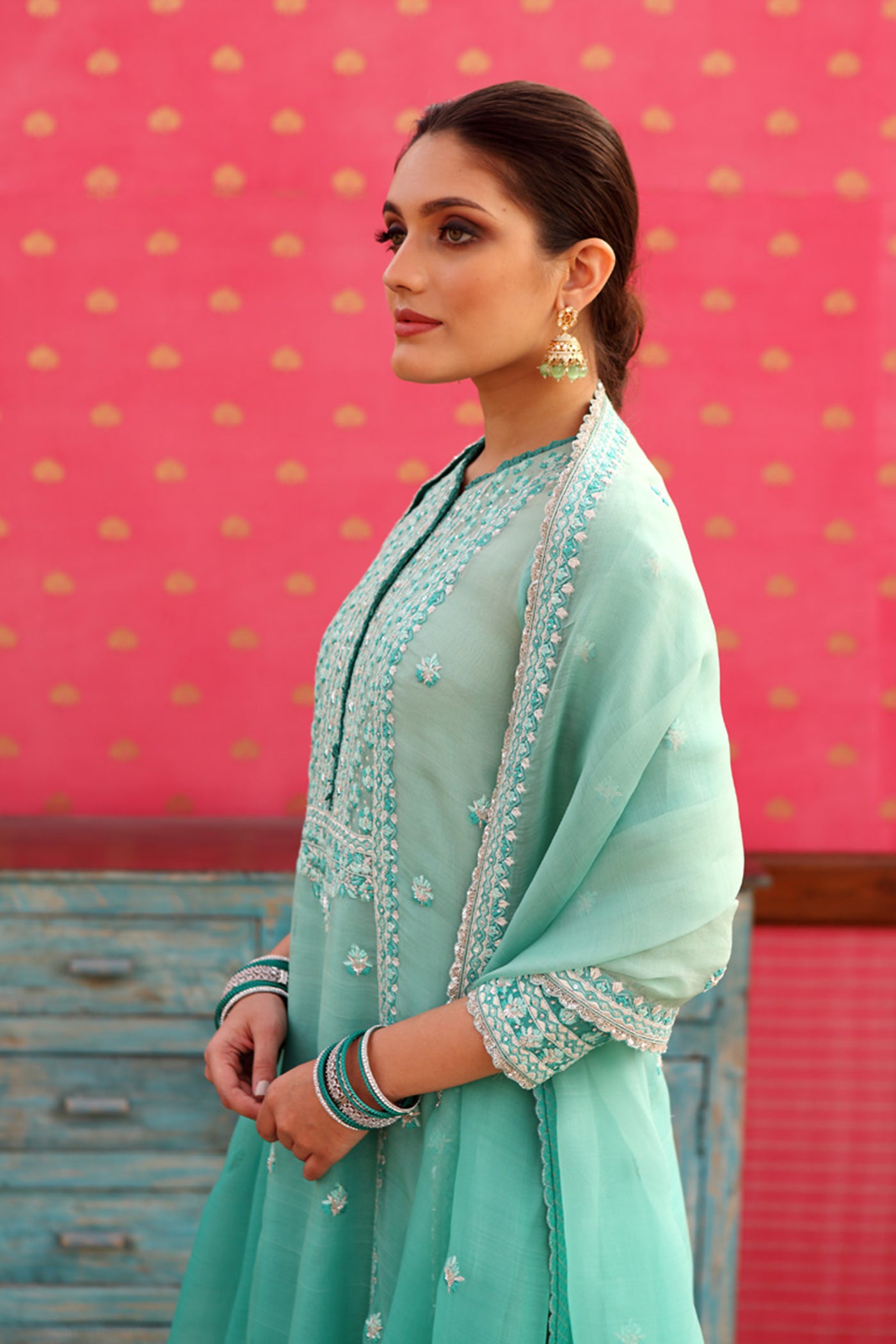 Hand-Embroidered Ombre Winter-Green Kurta-Churidaar Set