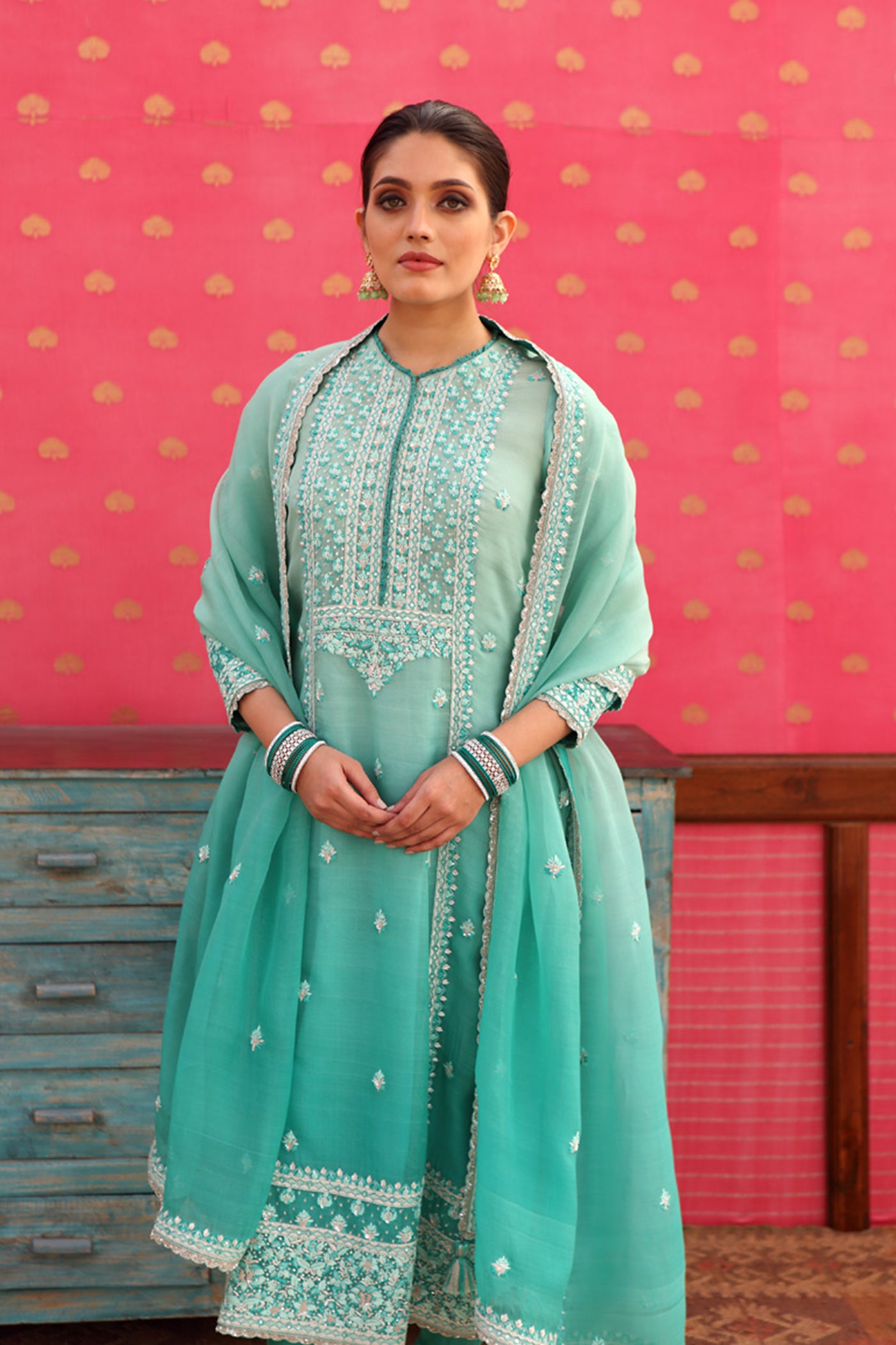 Hand-Embroidered Ombre Winter-Green Kurta-Churidaar Set