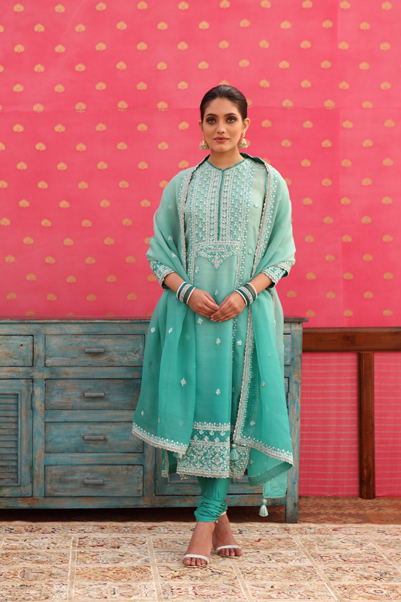 Hand-Embroidered Ombre Winter-Green Kurta-Churidaar Set