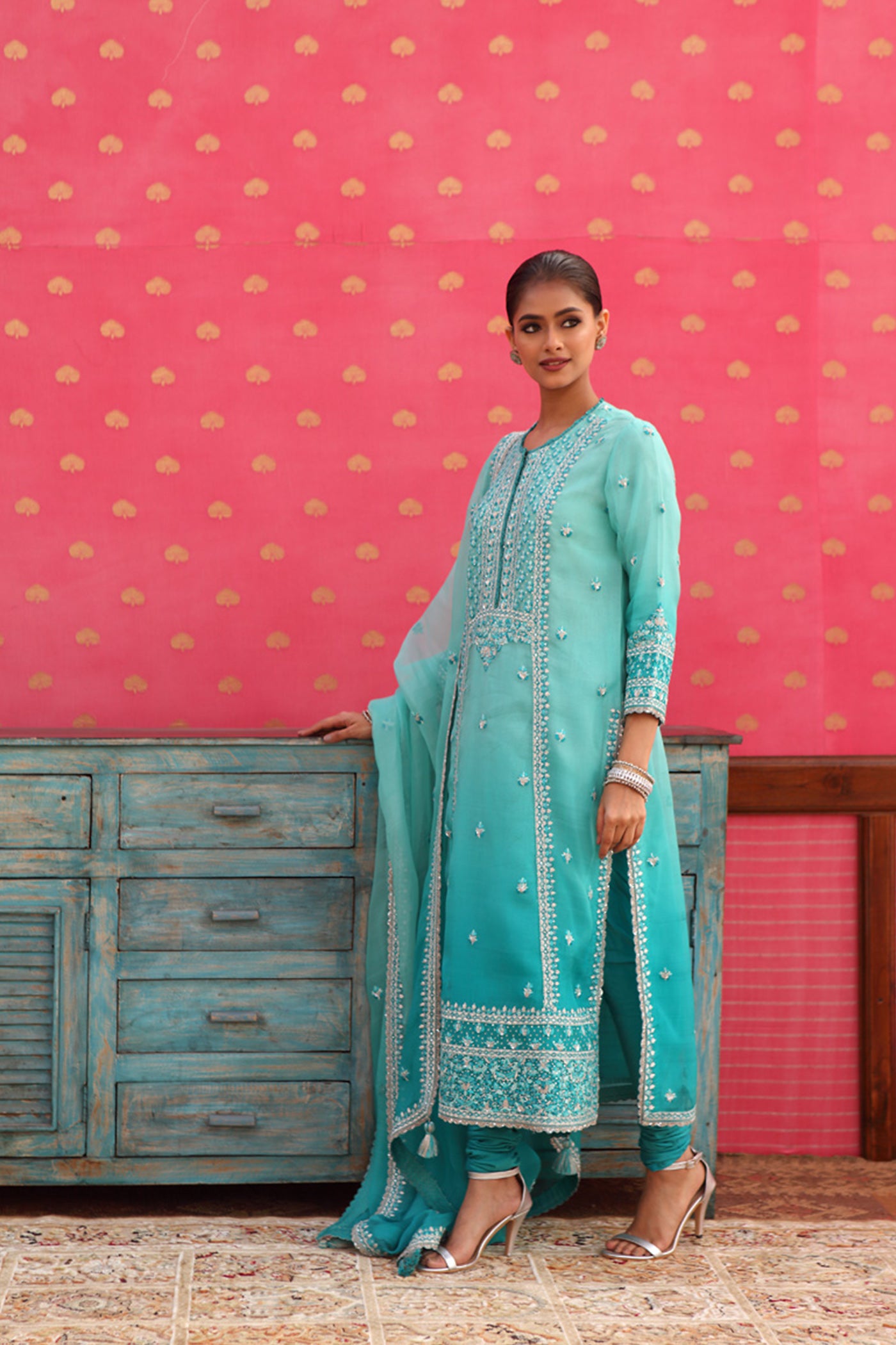 Hand-Embroidered Ombre Lagoon-Blue Kurta-Churidaar Set