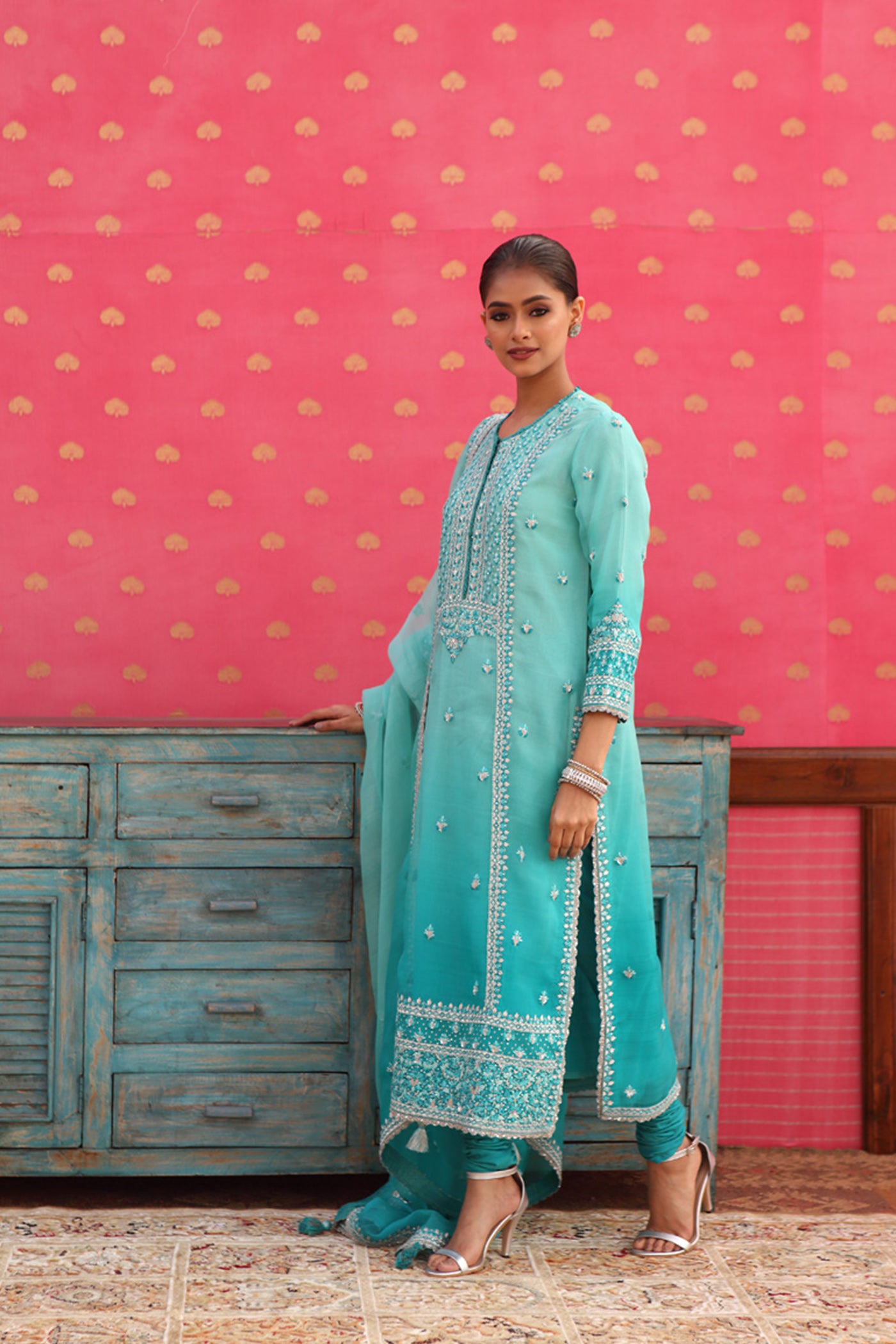 Hand-Embroidered Ombre Lagoon-Blue Kurta-Churidaar Set